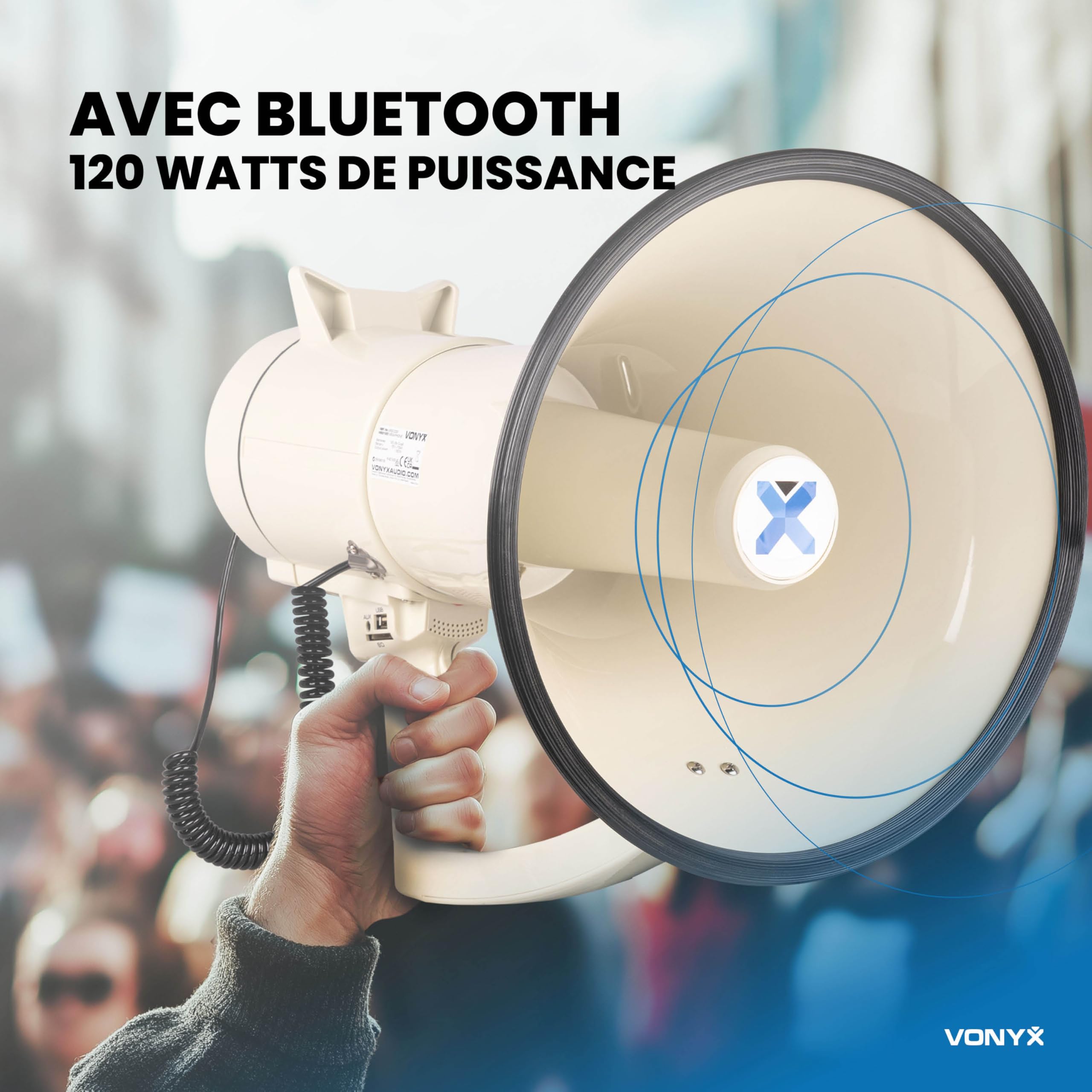VONYX MEG120 Pack Mégaphone Puissant 120W - avec 2X Batteries Rechargeables MRB12, Portée Jusqu’à 1,6 km, Micro Main, Bluetooth & Lecteur MP3, Idéal pour Manifestations et Matchs Sportifs