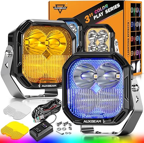 Auxbeam Luces LED de 3 pulgadas, 116 W, serie de juego de 7 colores RGB, luz de conducción con cubiertas blancasámbar, combo de haz de inundación
