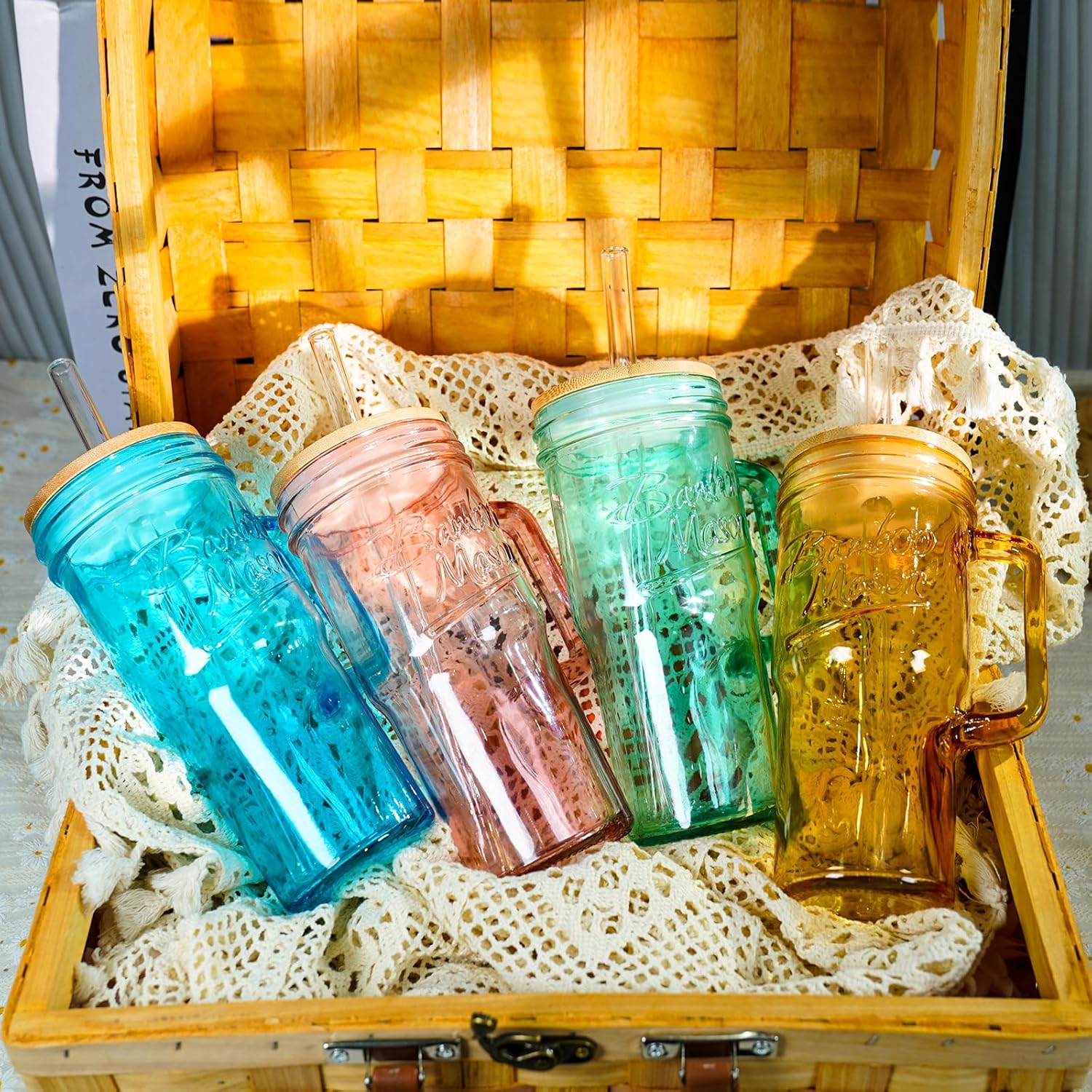 ANOTION Colored Glass Cups with Handle Set of 4, 24oz Glass Cups with Lids and Straws Travel Coffee Mug Bamboo Mason Jar Iced Cup Smoothie Tea Clear Cute Water Drinking Jars Glasses - Image 3