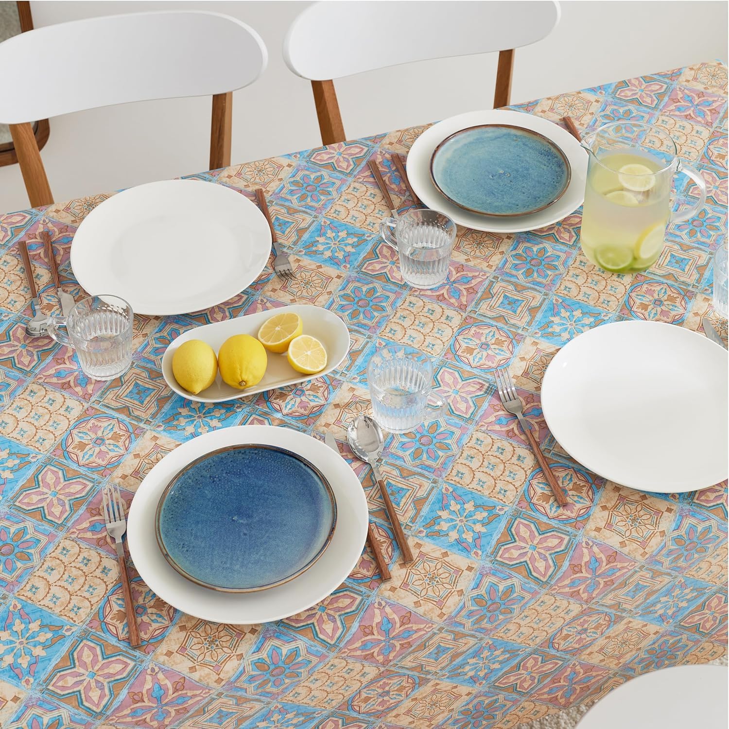 KP HOME PVC Table Cloth Wipe Clean Lisbon Tiles Pattern Vinyl Tablecloth Pink Beige Blue Square 140 x 140 Portuguese Azulejo Table Cover 4 Seat - Image 4