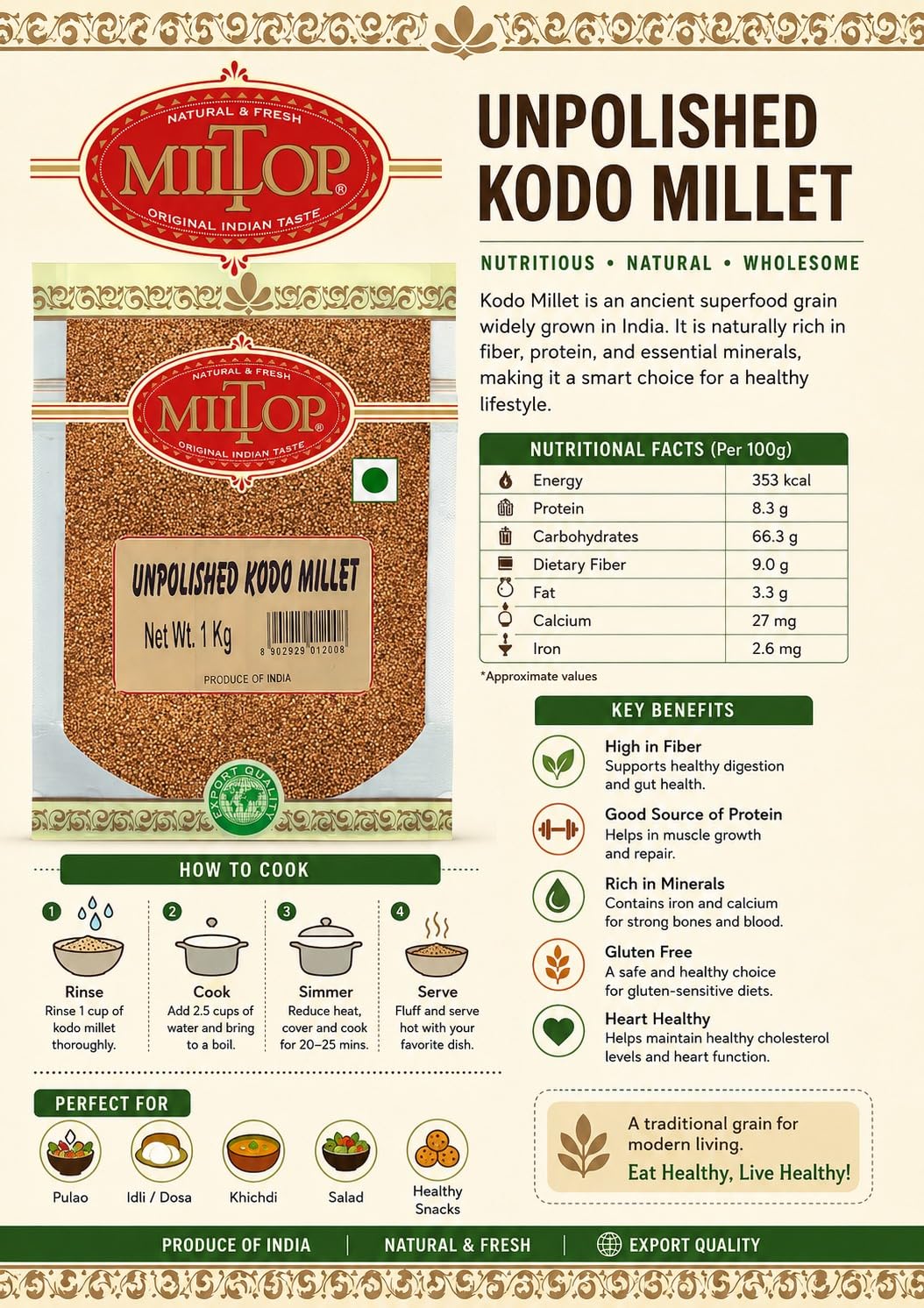 Miltop Unpolished Kodo Millet 1 kg
