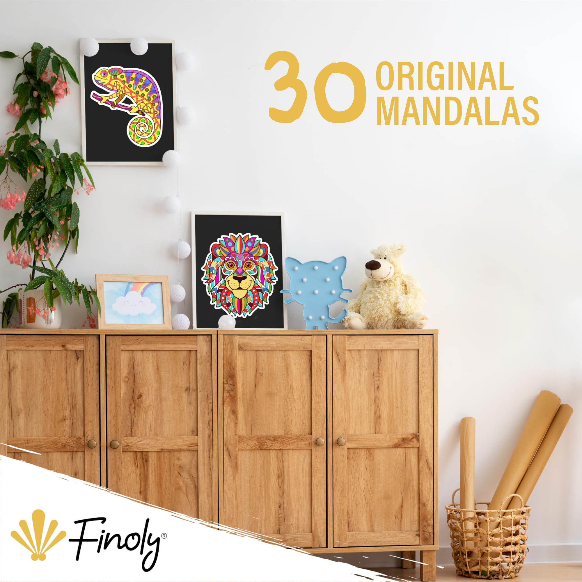 Finoly Mandala Kolorowanka dla Dzieci z 30 Wzorami | Kolorowanka ze Zwierzęcymi Mandalami | Mandala Kolorowanki dla Dzieci z DżungliZwierzętami A4 | Papier Premium | Spiralne Wiązanie | Noc