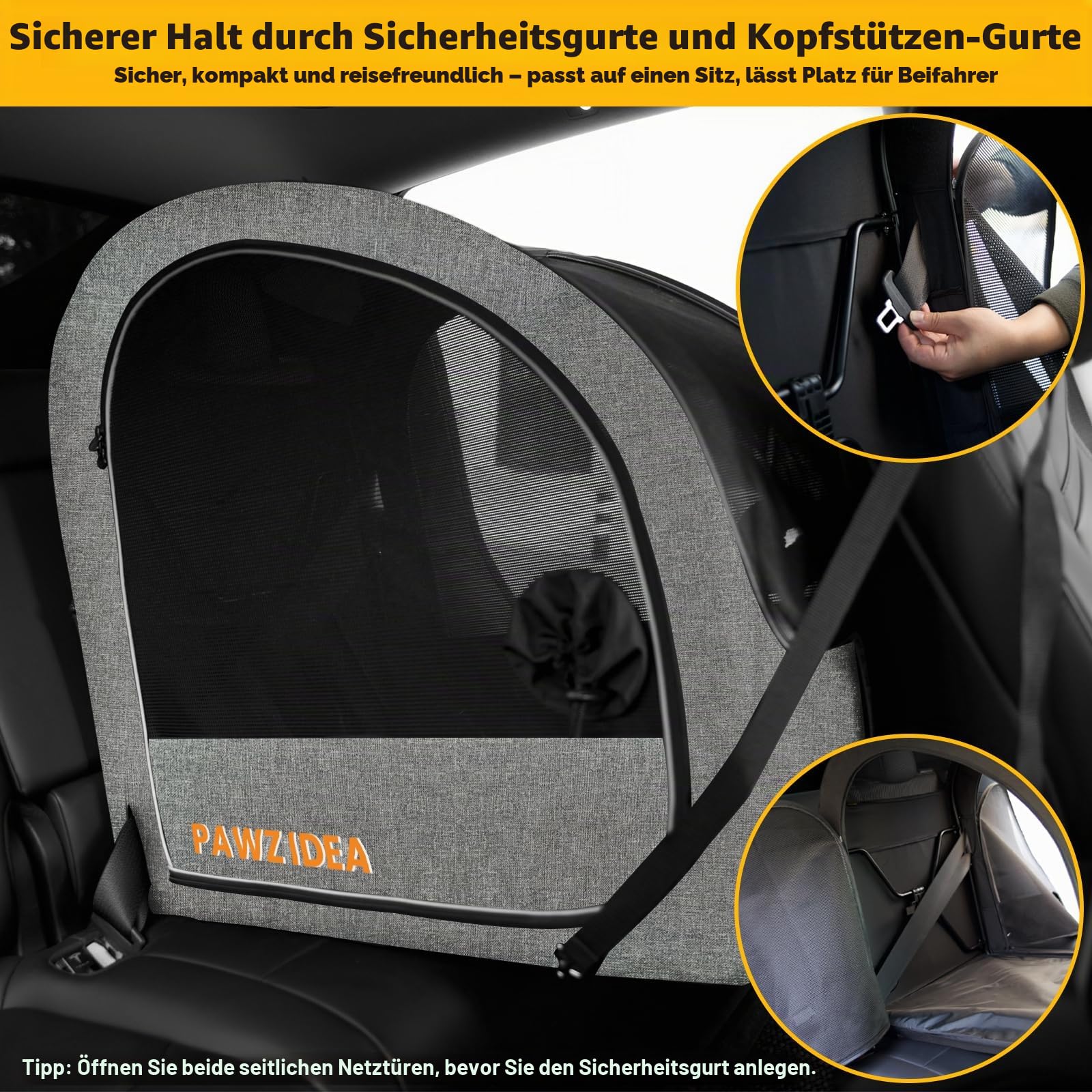 PAWZIDEA Tragbare Hundebox für Autoreisen, zusammenklappbare Haustier-Reiseboxen für mittelgroße und große Hunde, geschlossene weiche Seiten-Autohütte für den Rücksitz, sichert mit Sicherheitsgurt und