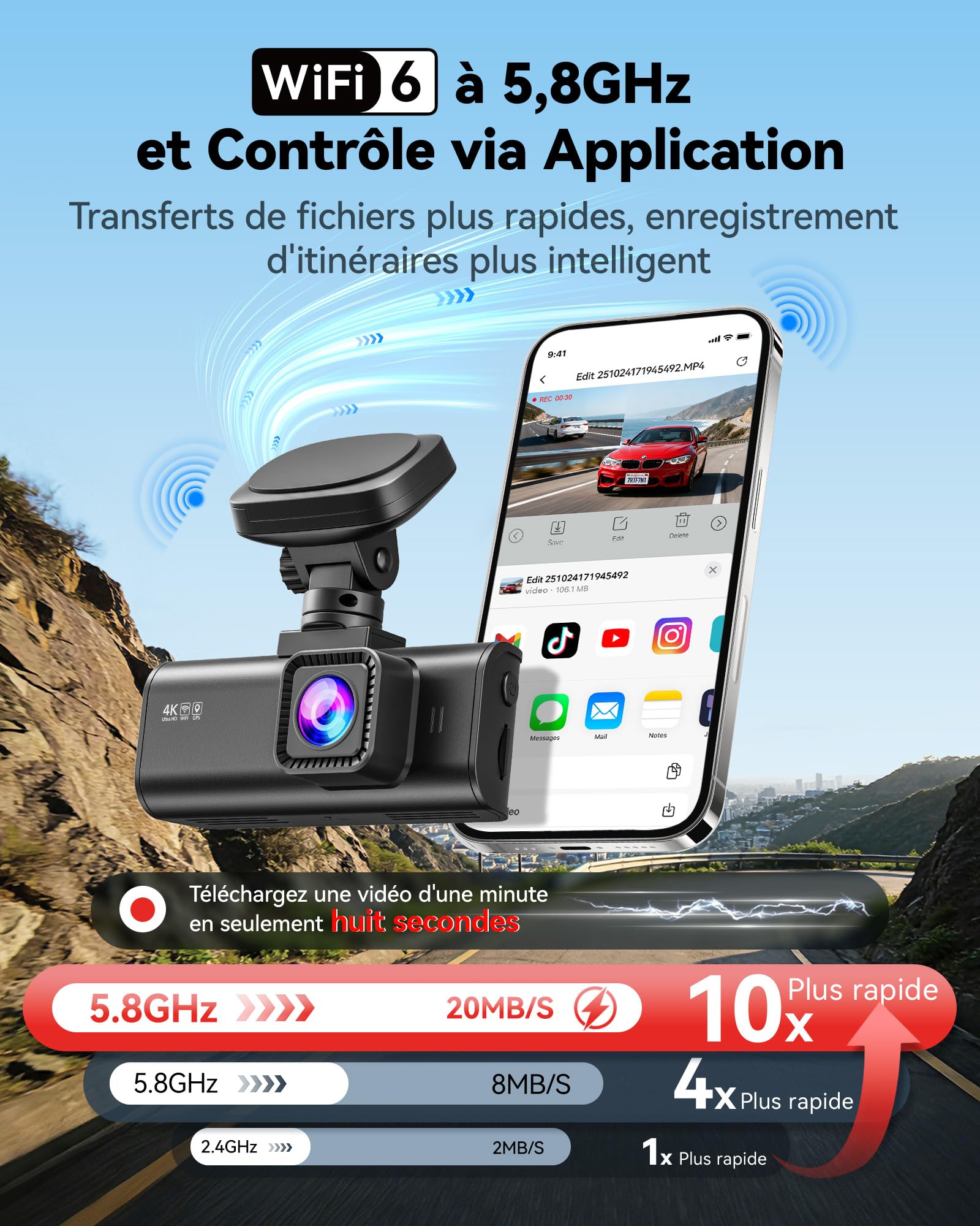 REDTIGER F7N-N Dashcam Voiture 4K Avant Arrière, WiFi 5.8GHz 20 MB/s avec App, Caméra Embarquée 2160P/FHD, GPS Précis, WDR, Écran 3,18", Vision Nocturne, Mode Stationnement 24H (sans Carte)