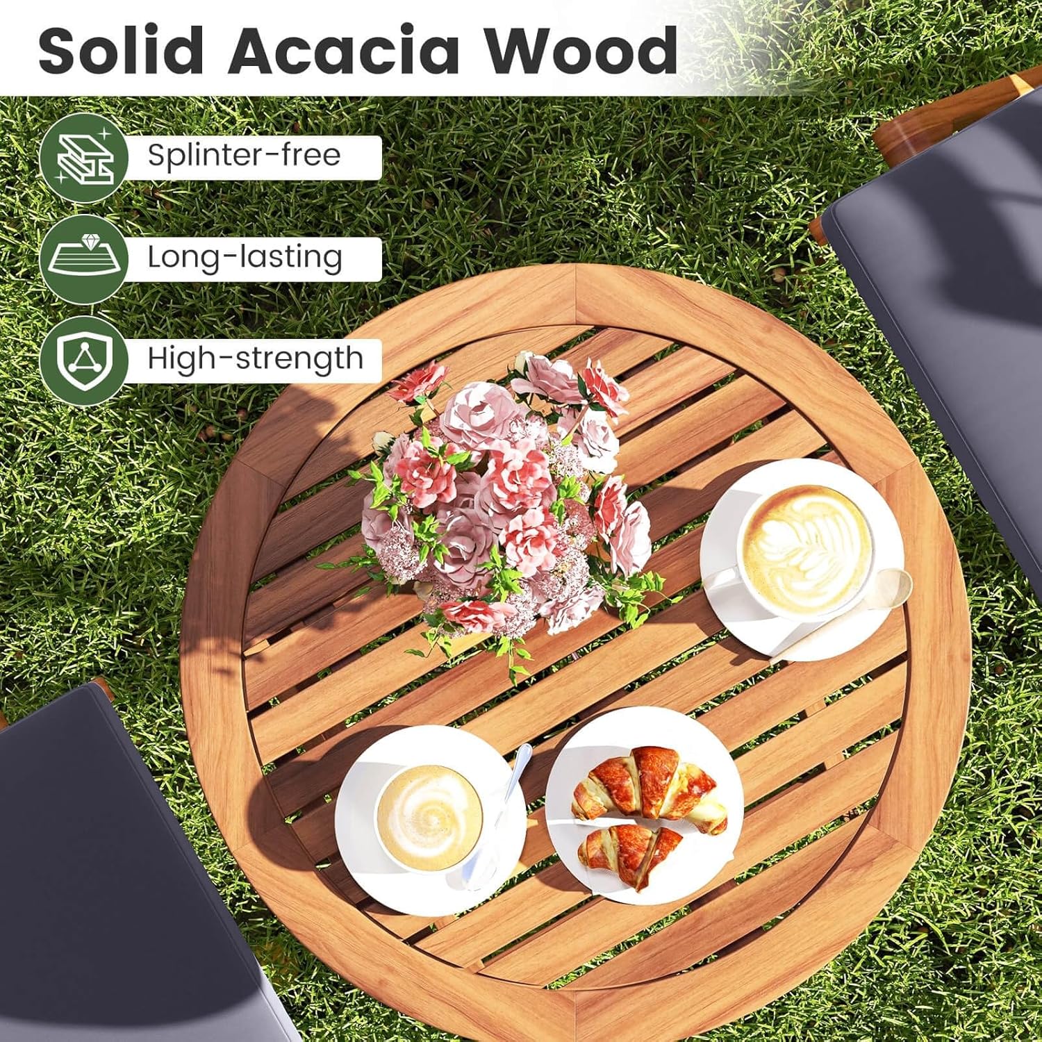 3 PCS Acacia Wood Patio Bistro Set Durable Folding Table and Chairs Set with Cushions