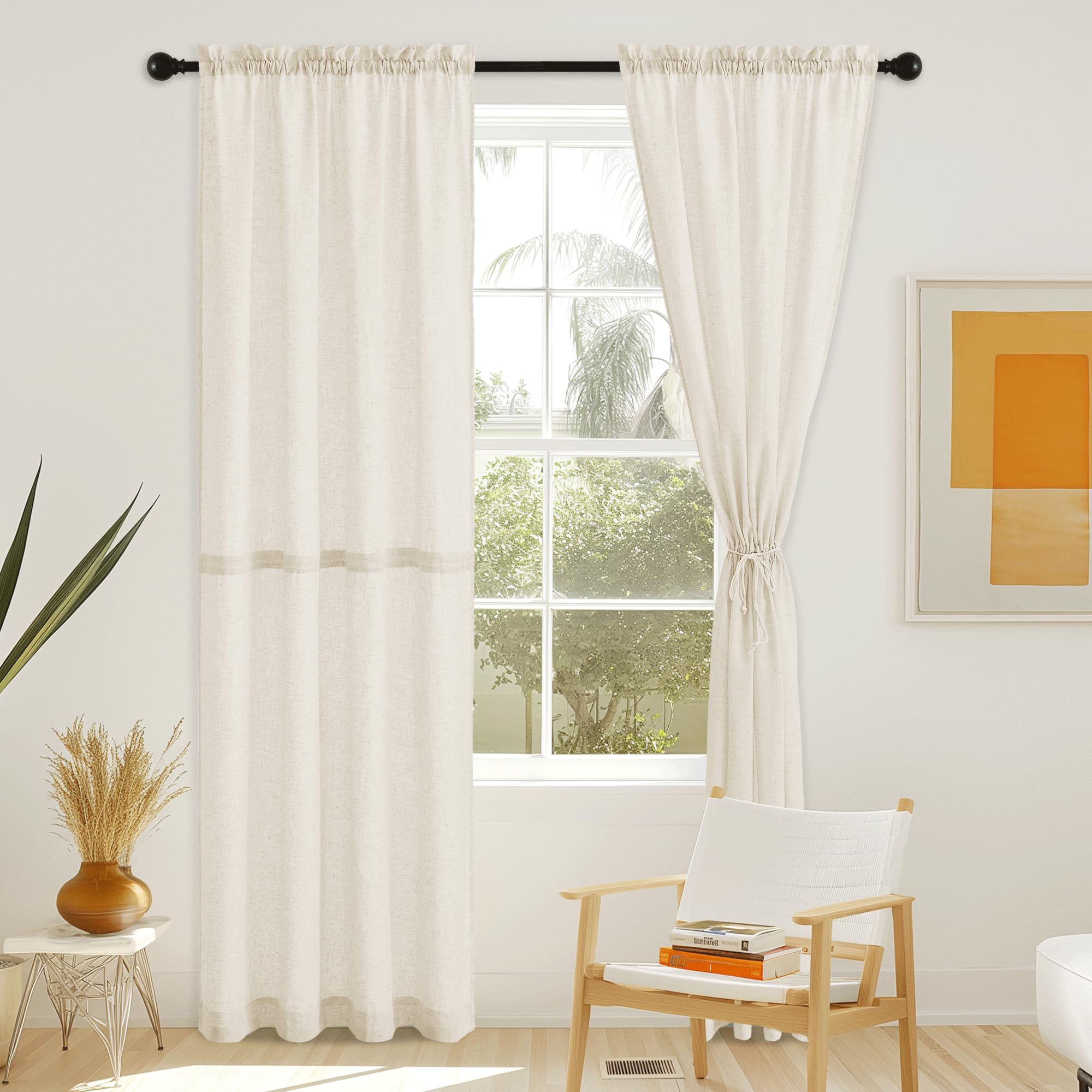 NICETOWN Rideau de porte d'entrée pour cuisine, ferme, 91,4 x 183 cm de long, mélange de lin filtrant la lumière, style rustique avec cordon de serrage pour salon, cuisine, porte en verre, 1 panneau,