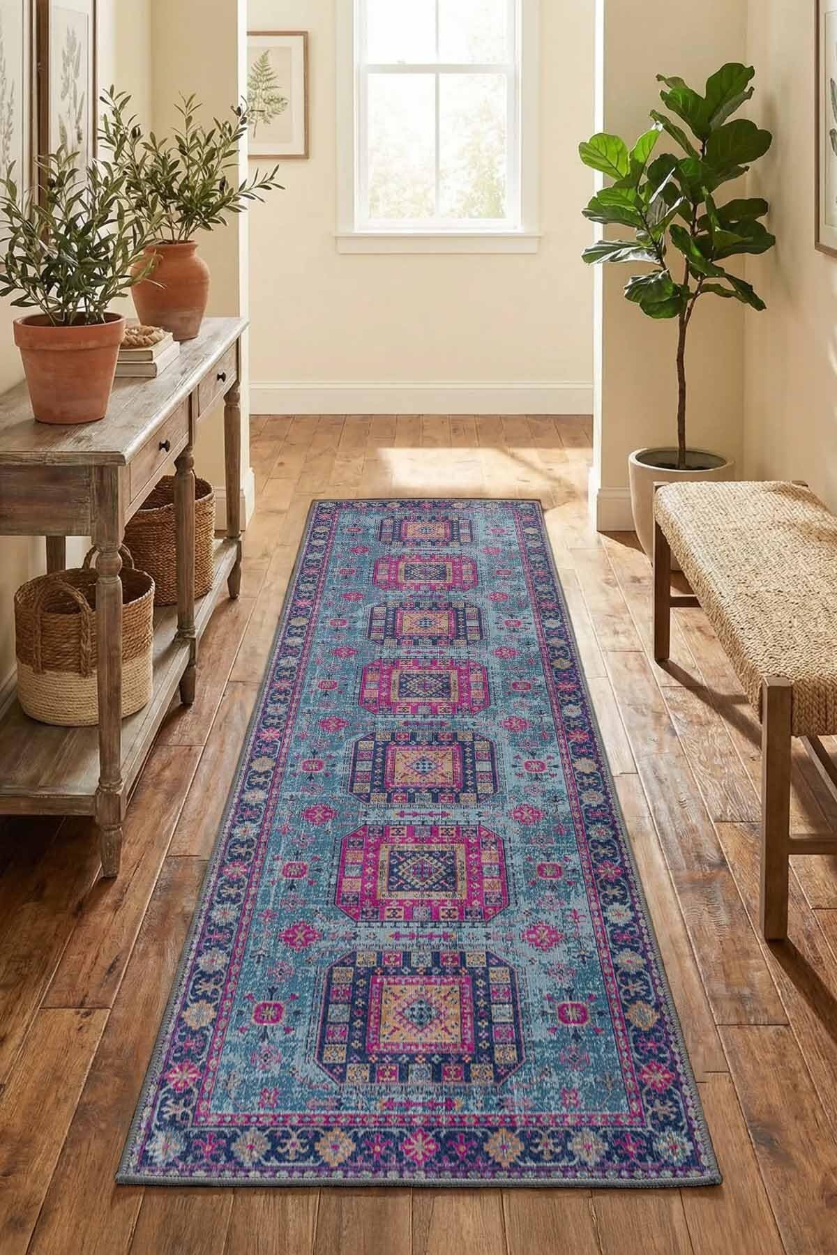 Monnhein Mor Yolluk Vi̇ntage - Yıkanabilir, Kaymaz Taban, Dijital Baskılı, Leke Tutmaz, İnce Hav, Modern Koridor, Mutfak, Antre ve Salon için Dekoratif Yolluk