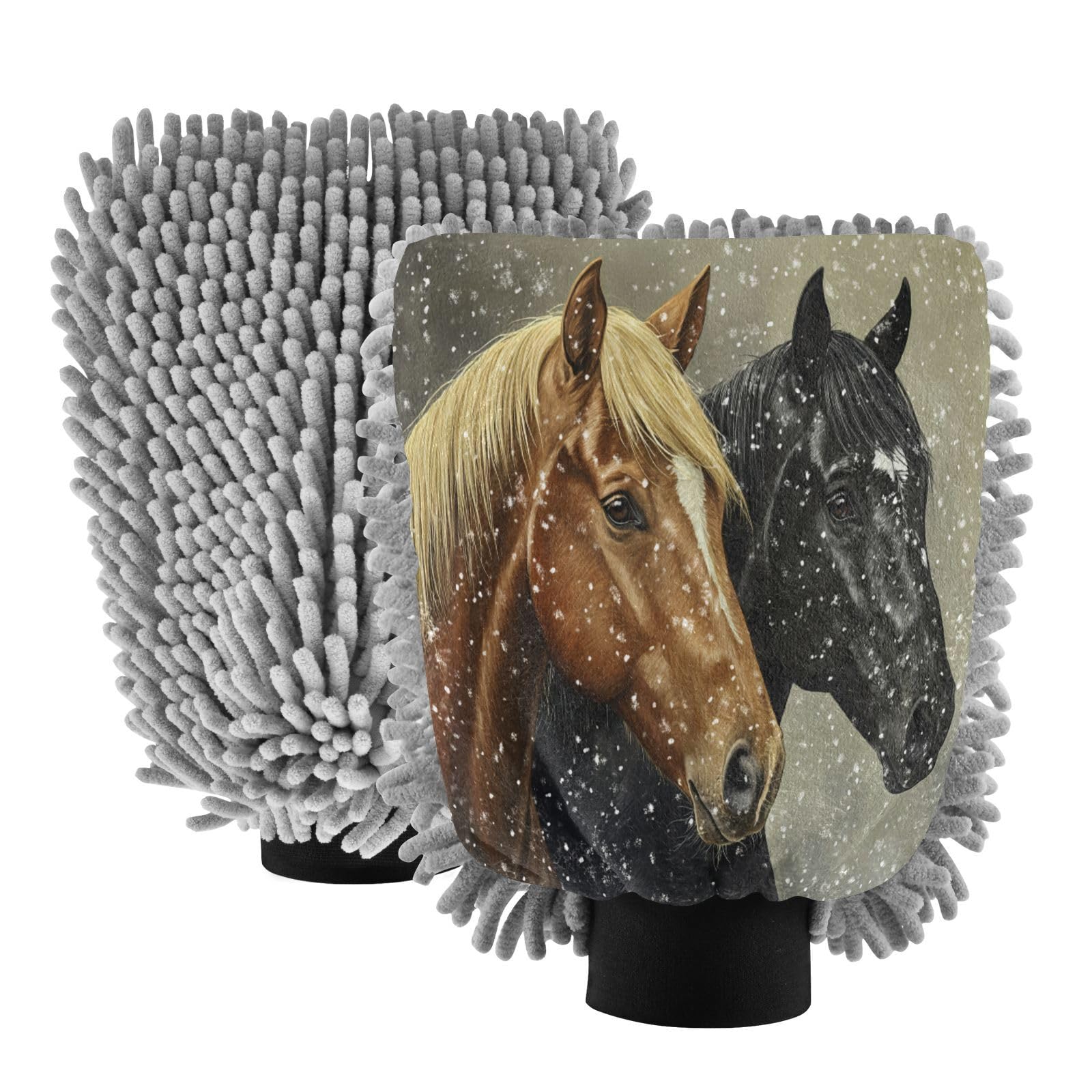 STAYTOP Two Horses Car Wash Mitt Microfiber, 2Pcs Scratch Free Lint-Free, Premium Chenille Microfiber Mitt Car Wash Brush-L