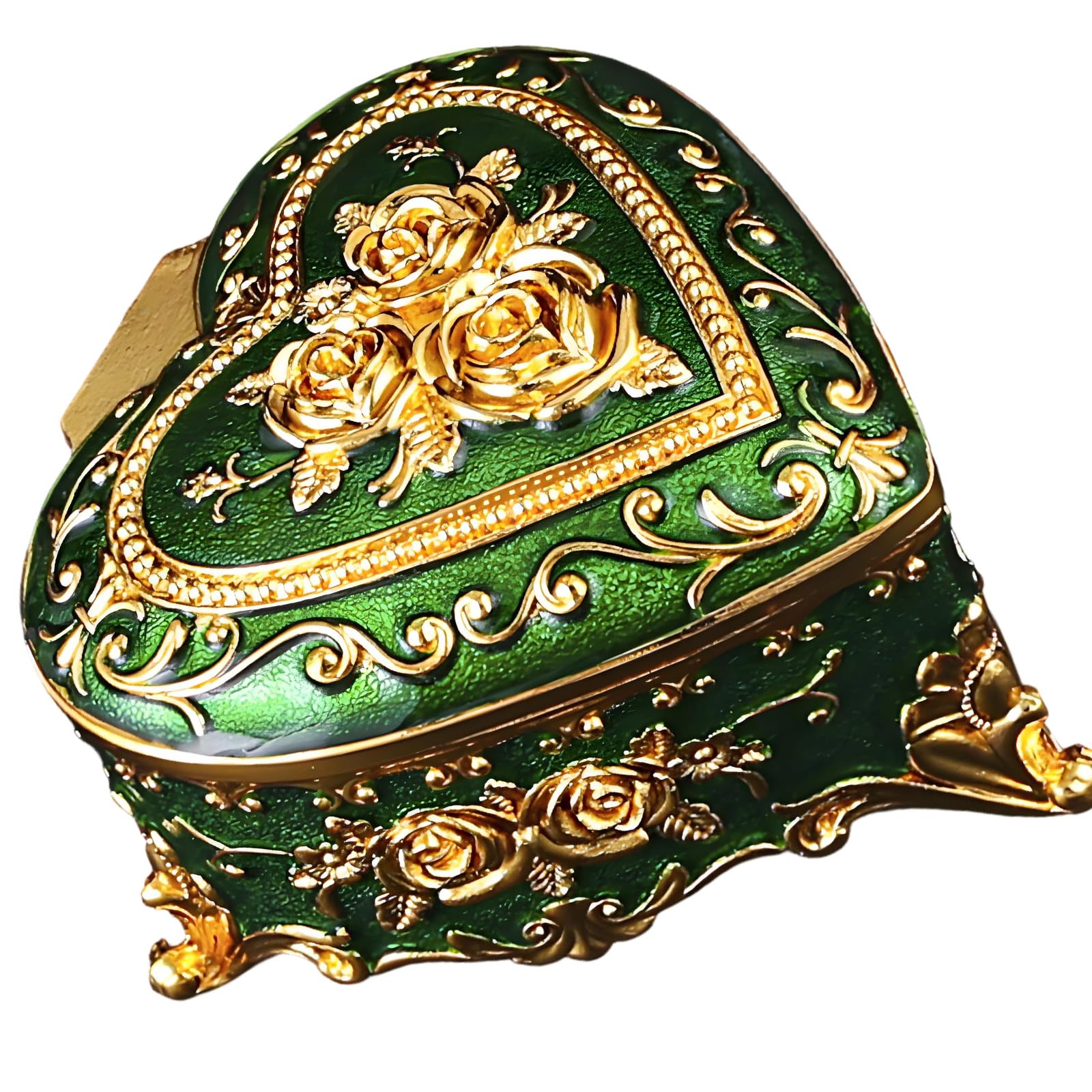 Shaped Jewelry Box with Rose Embossed Lid, Zinc Alloy Trinket Storage for Earrings, Necklaces and Vanity Display Heart Shaped Jewelry Box Rose Embossed Trinket Storage Zinc Alloy Vanity Dresser Holder