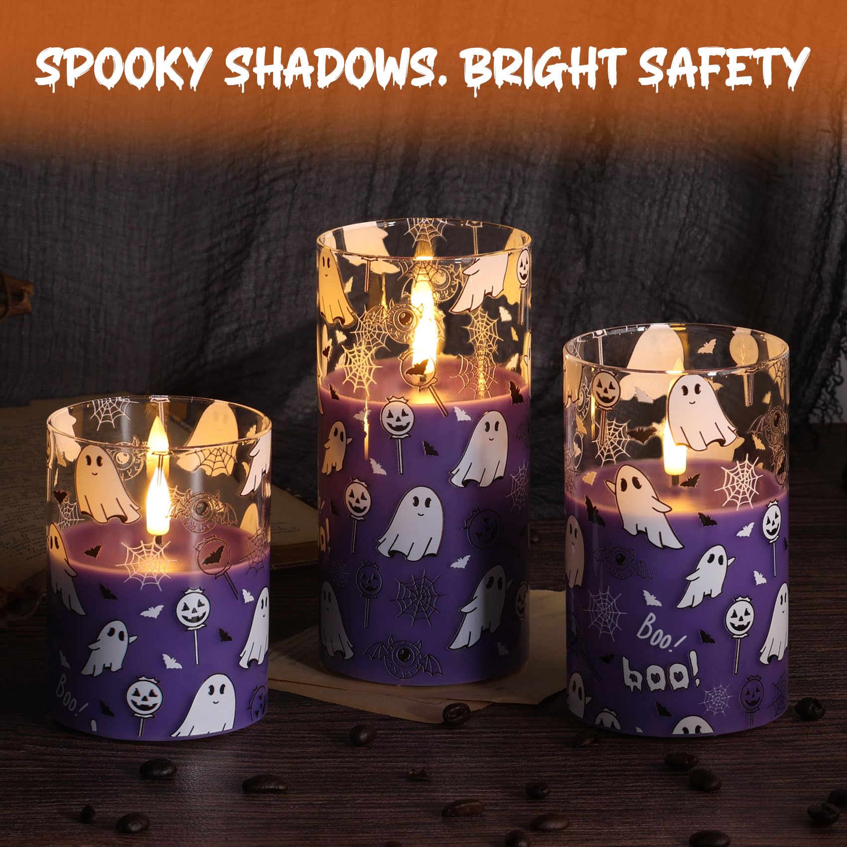 Candele in vetro senza fiamma con telecomando, candele a pilastro LED viola fantasma a batteria, set di 3