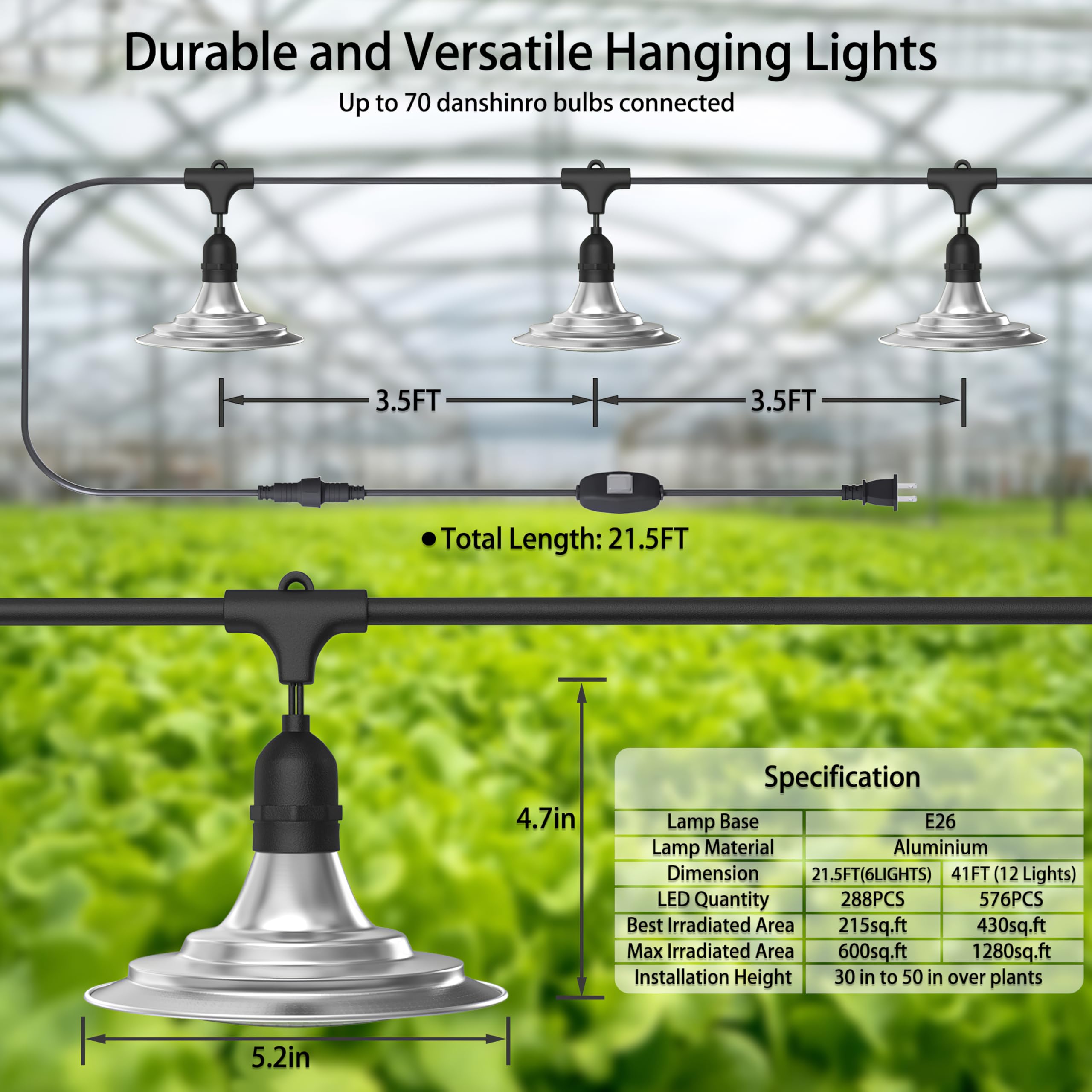 Luces LED de cultivo de 6 luces para exteriores, luces de invernadero de espectro completo impermeables para plantas, cadena de luces ajustables de 21.3 pies con 288 LED E26 bombillas de