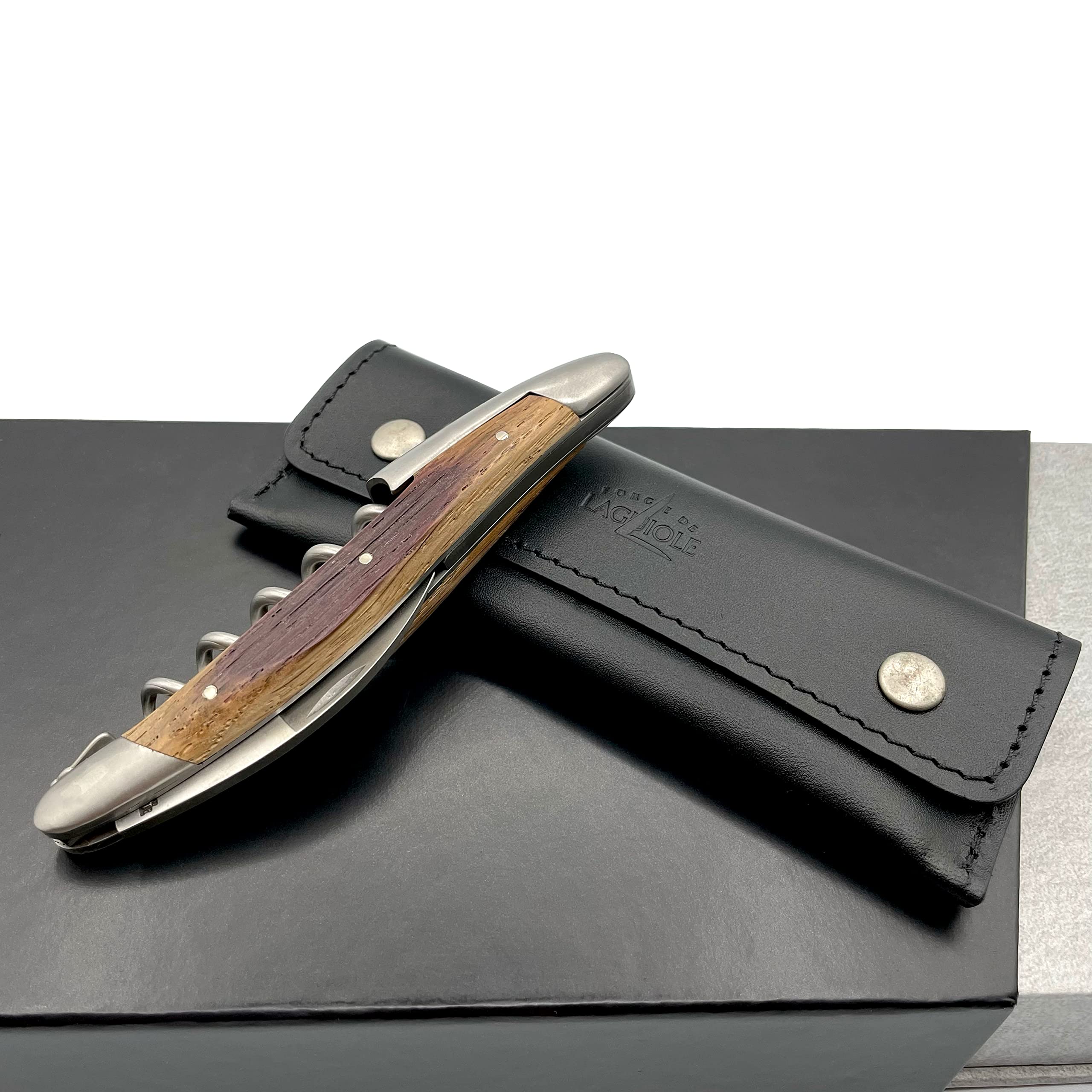 Forge de Laguiole Sommelier Fasseiche Matt, handgefertiges Kellnermesser weiches Lederetui + Poliertuch