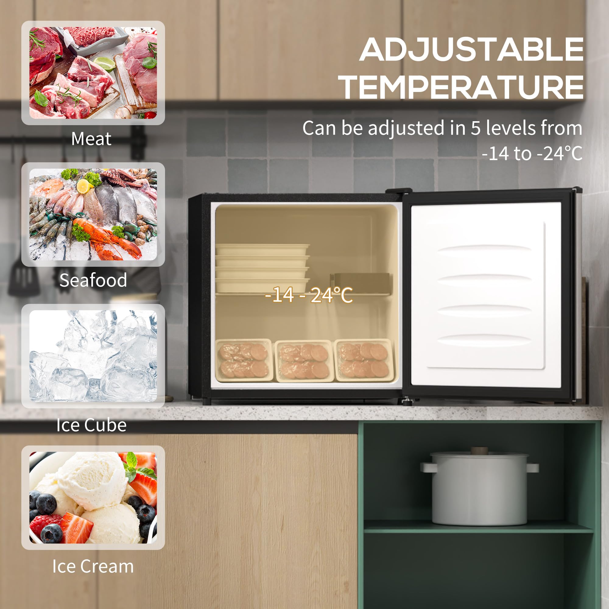 HOMCOM Tabletop Mini Freezer with 35 Litre Capacity, Small Freezer with Reversible Door, Adjustable Temperature and Removable Wire Shelf for Bedrooms, Home Office, Silver Tone — view 3