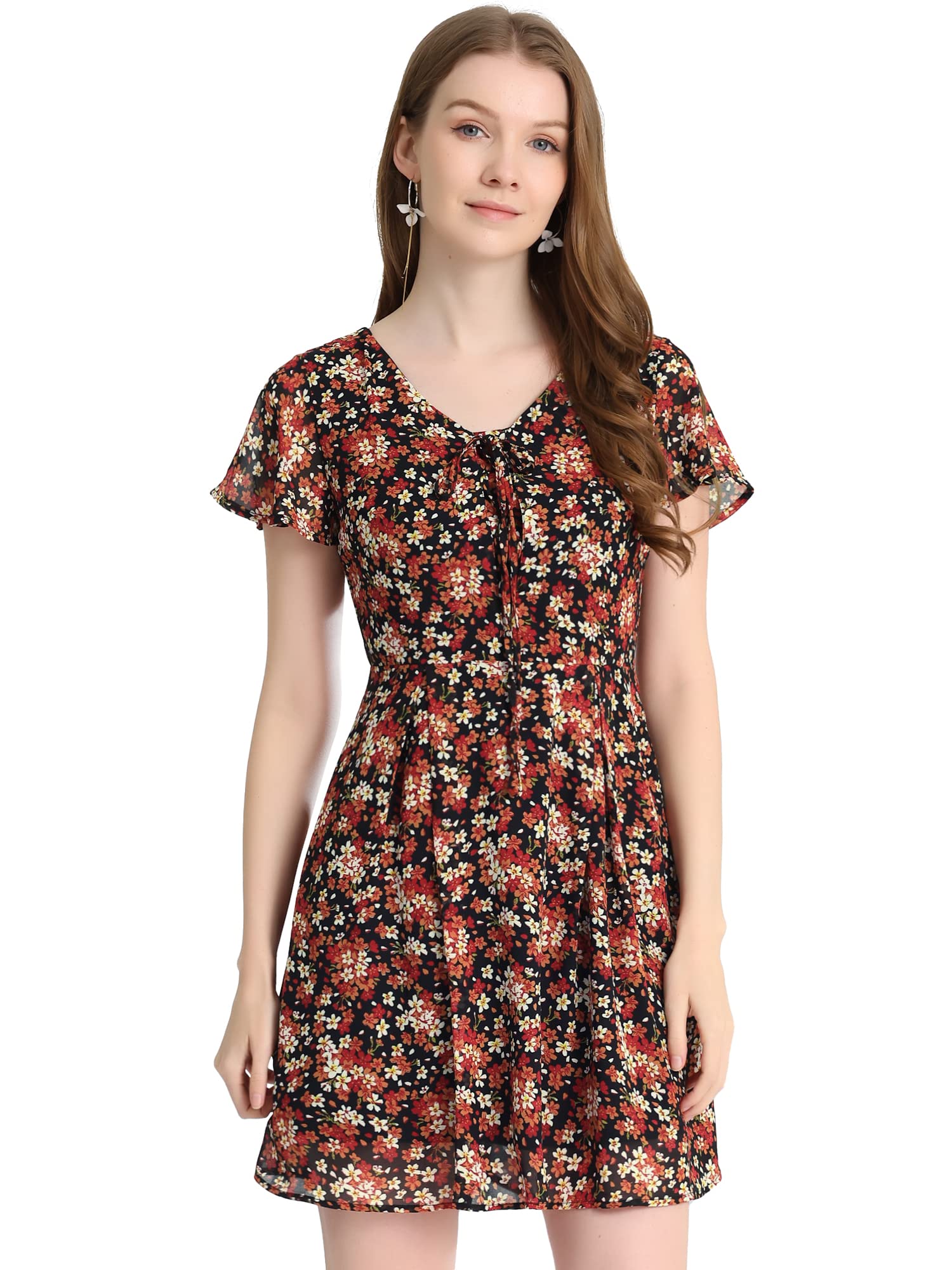 Allegra K Women's Floral Printed Spring Summer Flare Short Sleeve Lace-up V Neck Chiffon Dress