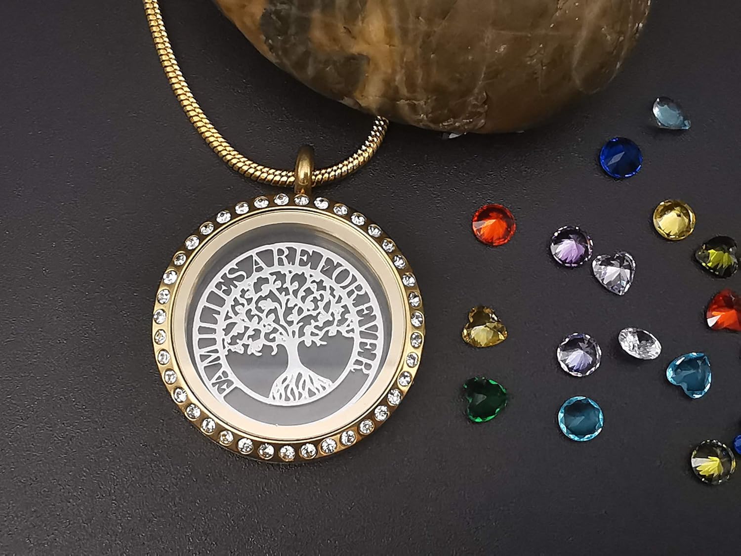 Familes Are Forever Family Tree of Life Floating Locket Necklace with 24 Birthstones - Image 5