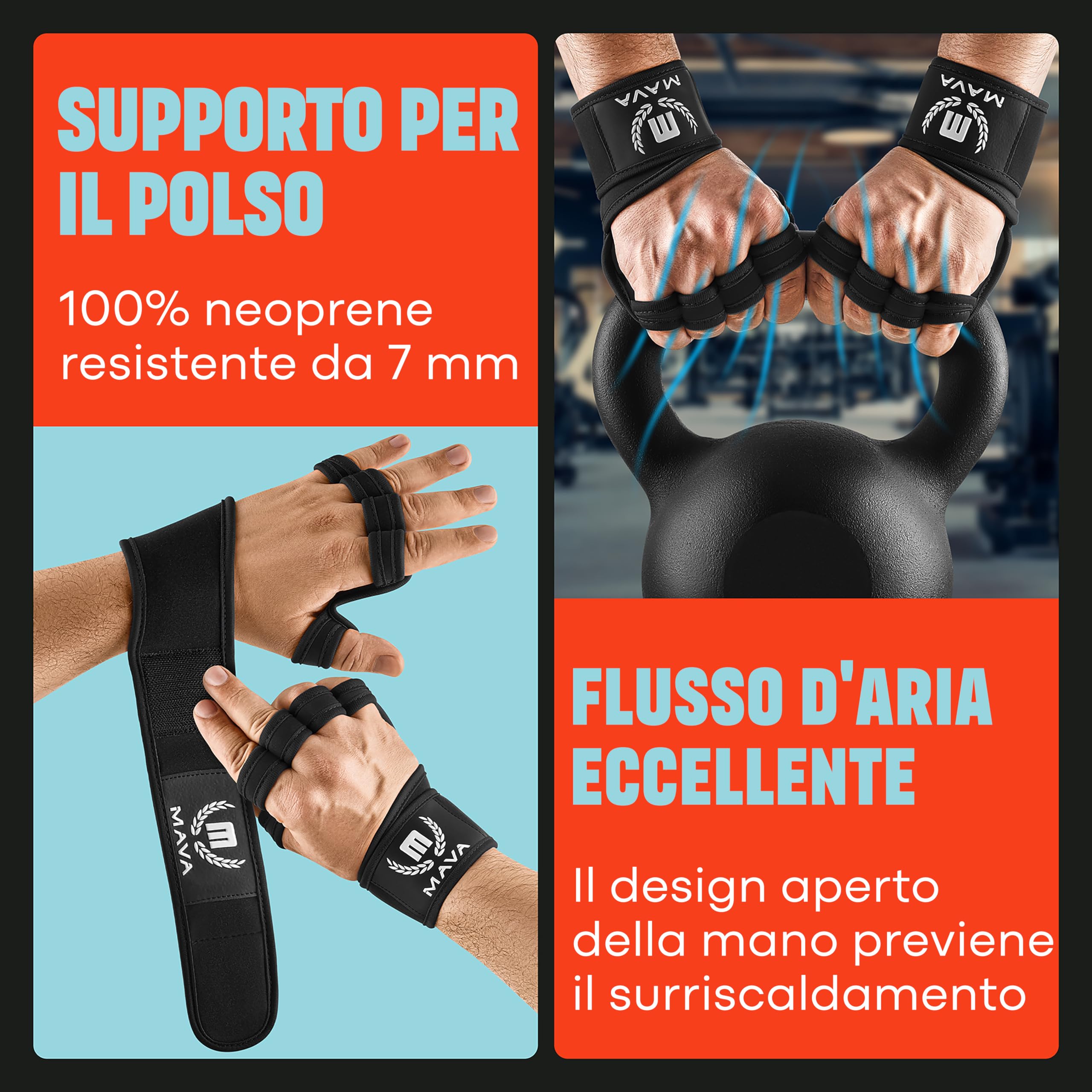 MAVA Guanti da Palestra Aperti per Uomo e Donna; Guanti Imbottiti per Sollevamento Pesi con Supporto Polso; Guanti Palestra Uomo e Donna Anti-Sudore
