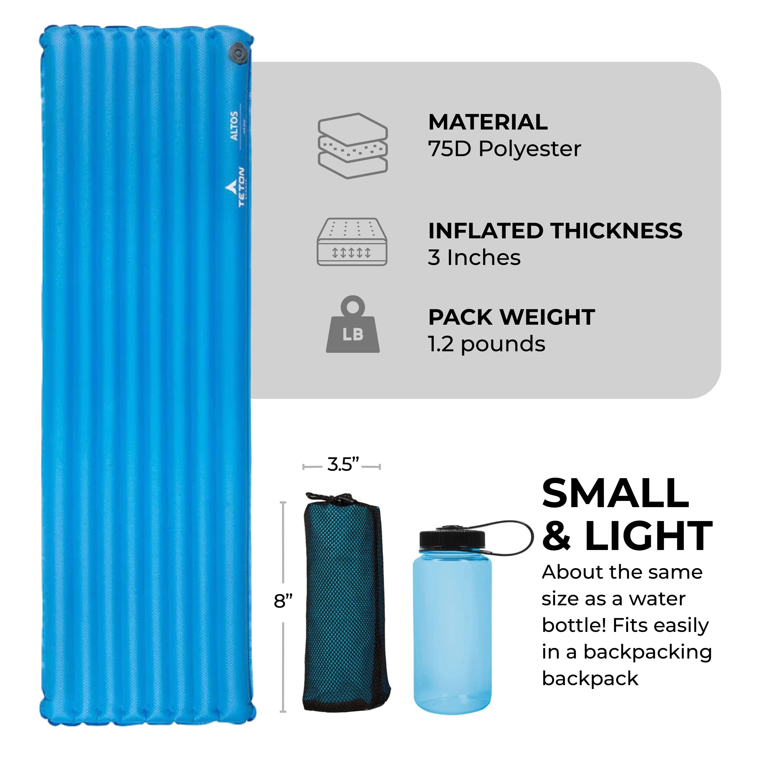 TETON Sports Unisex's Altos Air samopompująca podkładka do spania, niebieski, 183 x 50 x 7,6 cm
