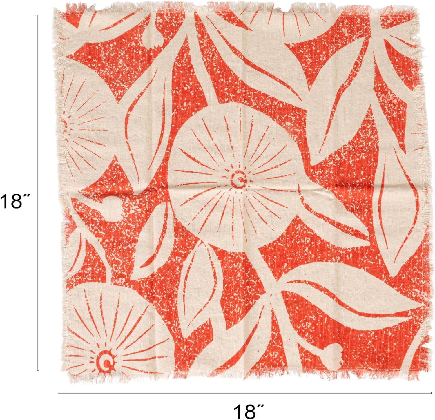 Creative Co-Op 4-Piece Cotton Printed Napkin Set with Floral Pattern & Fringe, Natural & Tomato Color