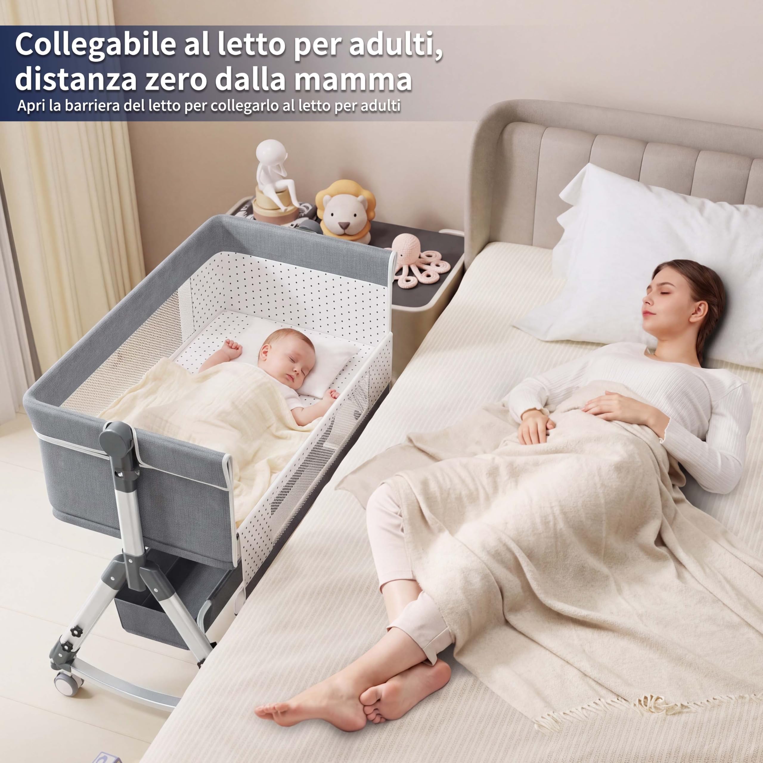 5-in-1 neonato culla neonato, Culla Co-Sleeping, Ruote con Blocco e Dondolo, Parete aperta rete traspirata， Zanzariera, Materasso e Borsa inclusi (Grigio G1)