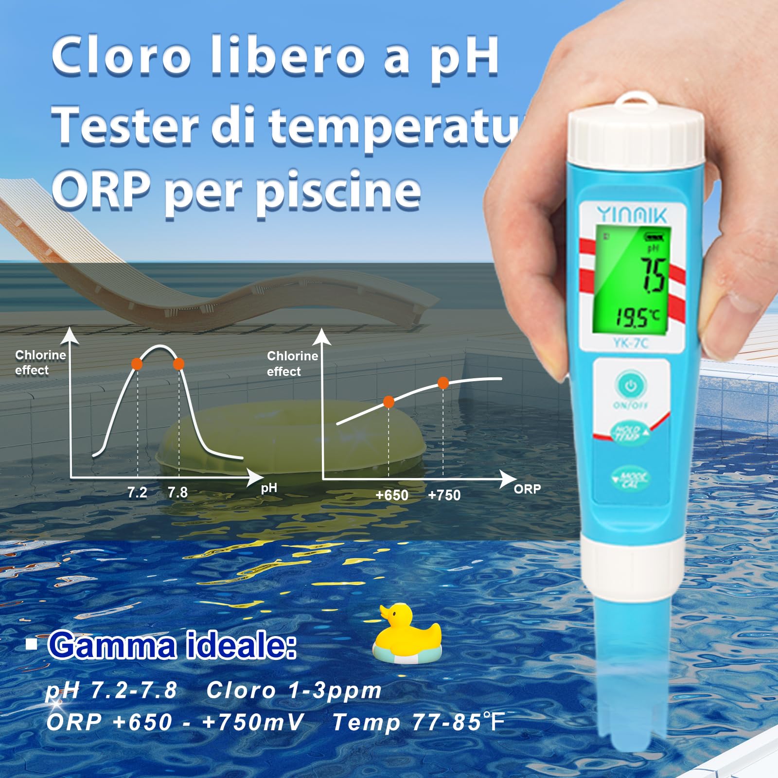 YINMIK Misuratore Digitale di pH e Cloro, Penna per Test Piscina con Soluzione di Calibrazione