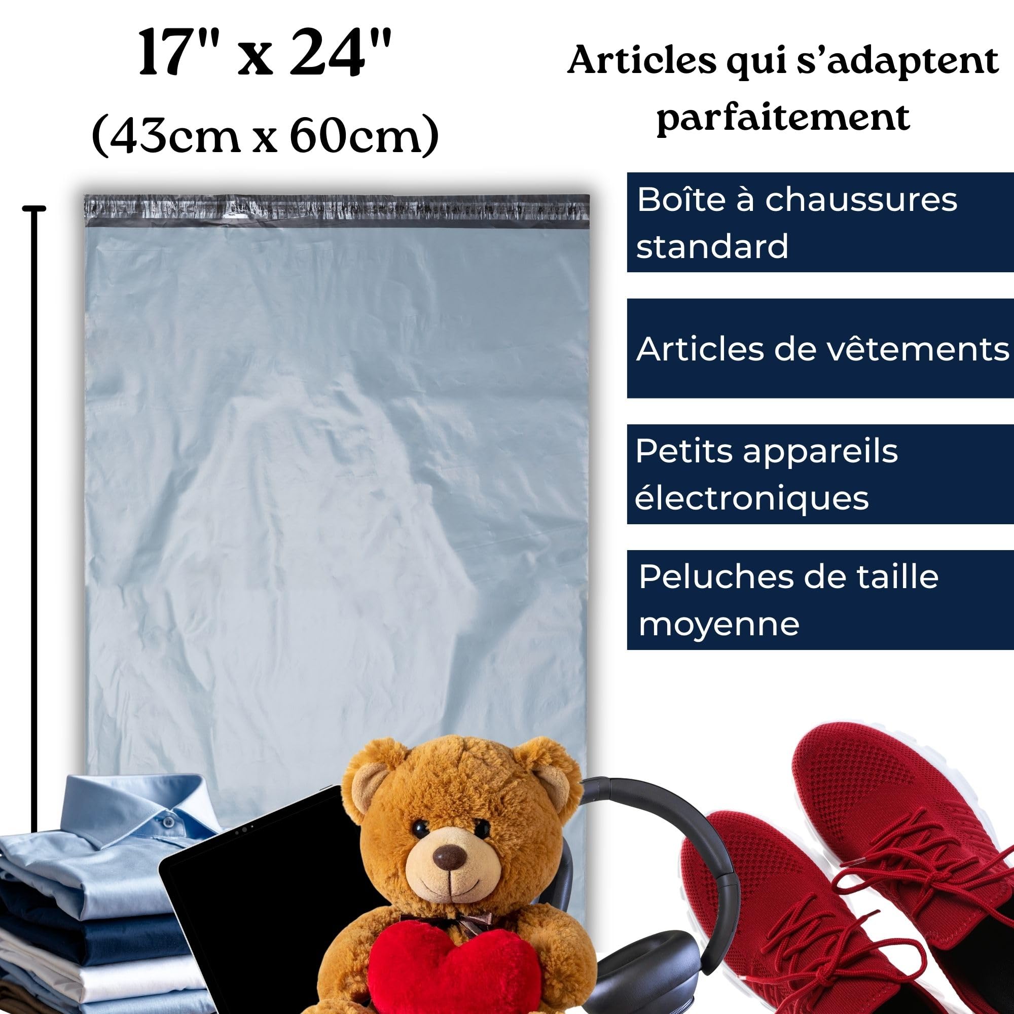 Grand sac d'expédition en plastique gris de 43 x 60 cm pour envoi et emballage, enveloppes extra solides, en polyéthylène avec fermeture auto-adhésive