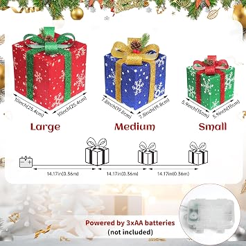 Set of 3 Christmas Lighted Gift Boxes, Pre-lit 60 LED Light Up Present Boxes with Ribbon Bows, Pine Cone & Red Berry, Battery Operated Gift Box for Xmas Tree, Yard, Home, Indoor Outdoor Holiday Decor