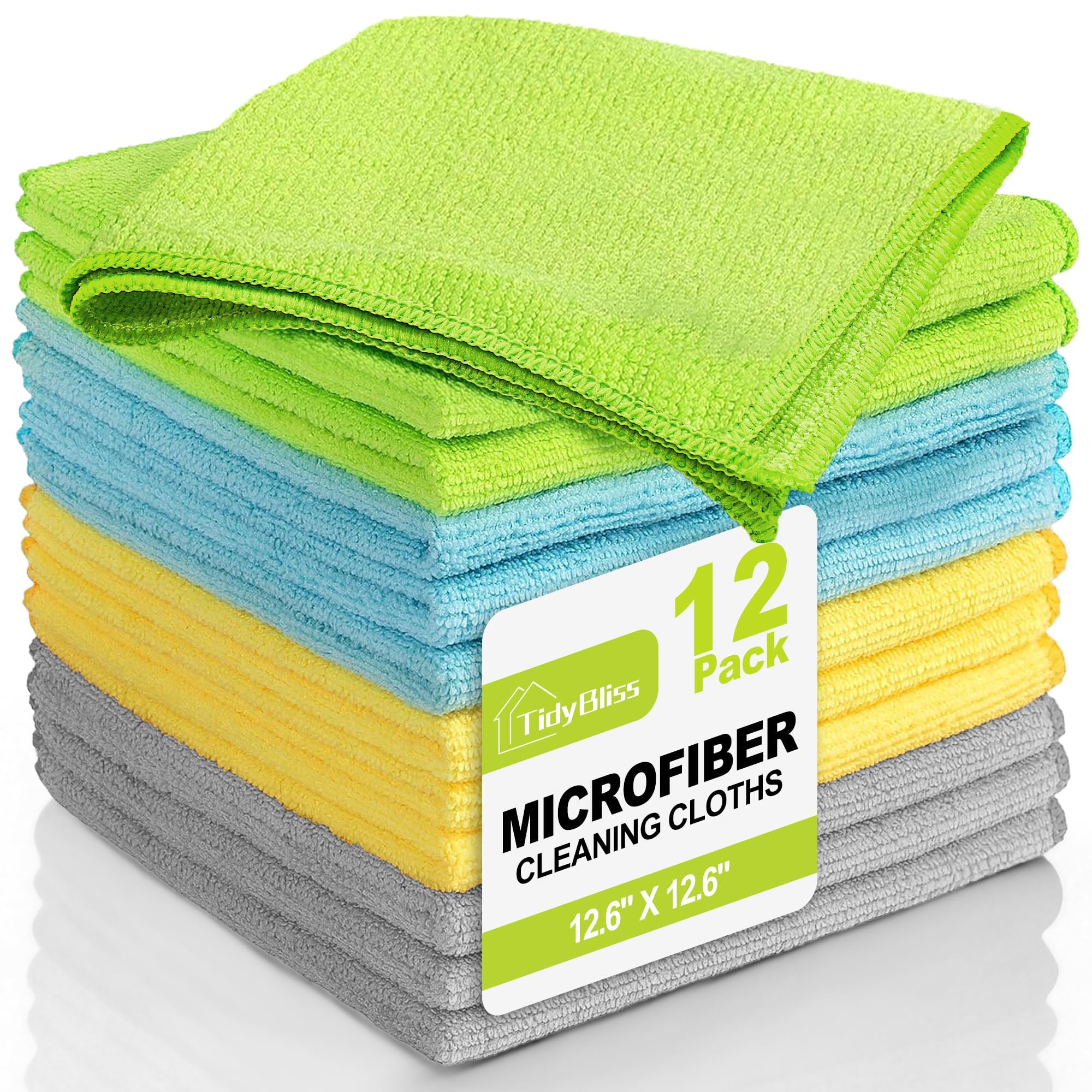 TidyBliss Microfiber Cleaning Cloth 12 Pack, Lint-Free Rags, 32 x 32 cm, Reusable Micro Fiber Dusting Towels for House Kitchen Bathroom Car (Green/Blue/Yellow/Grey)