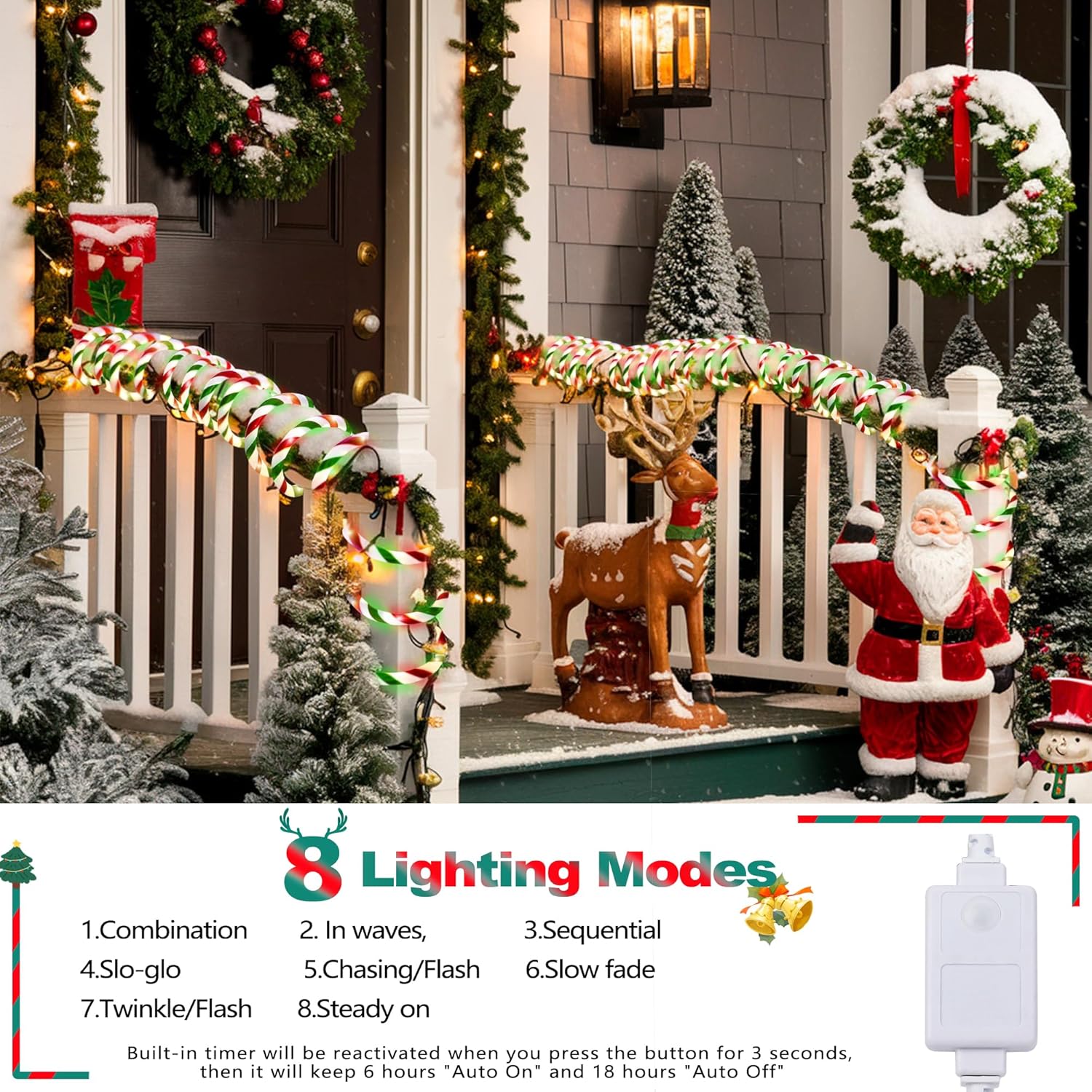 Toodour Christmas Candy Cane Lights, 50ft 360 LED Candy Cane Rope Lights Outdoor with 8 Modes, Connectable, Timer, Waterproof Red White Green Christmas Light for Garden Patio Bedroom Party Xmas Decor