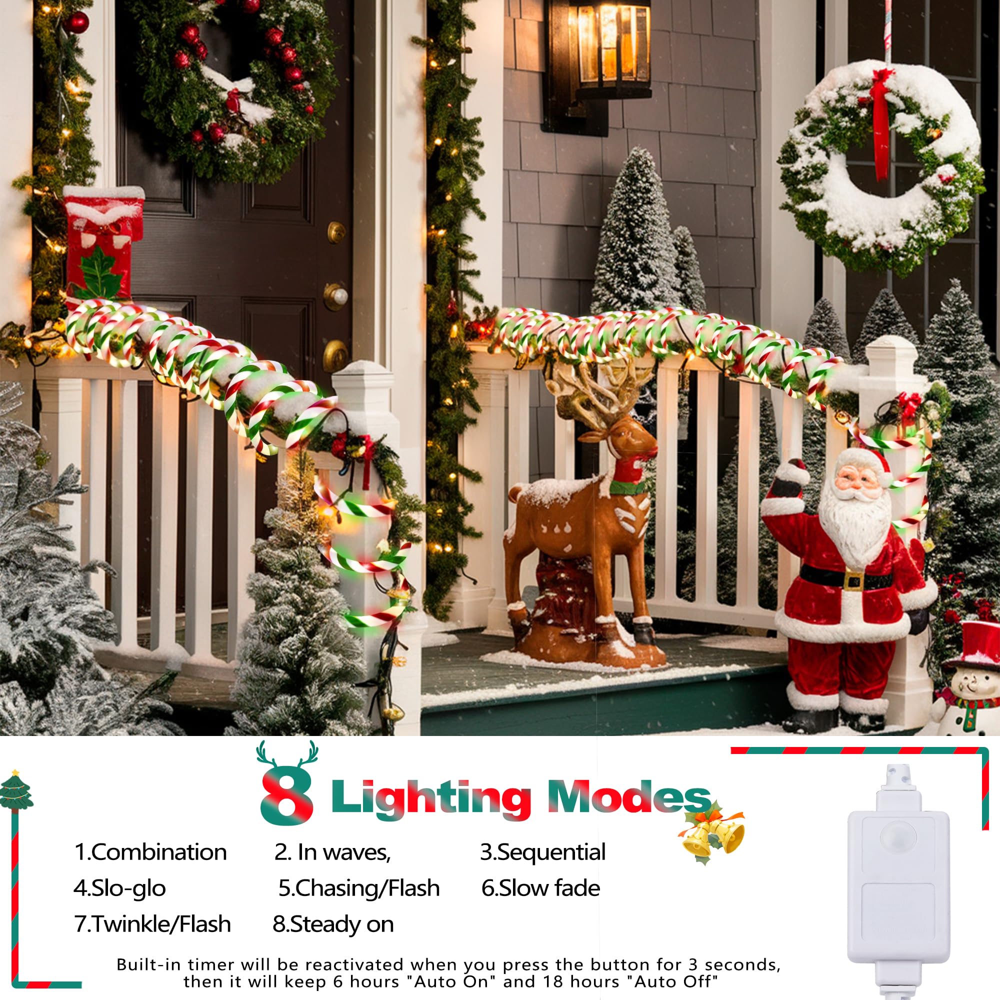 Jnaurb Luces de bastón de caramelo de Navidad, 66 pies, 480 luces LED conectables, color blanco, rojo y verde, cuerda de luces para exteriores, 8 modos, luz LED impermeable de Navidad para jardín