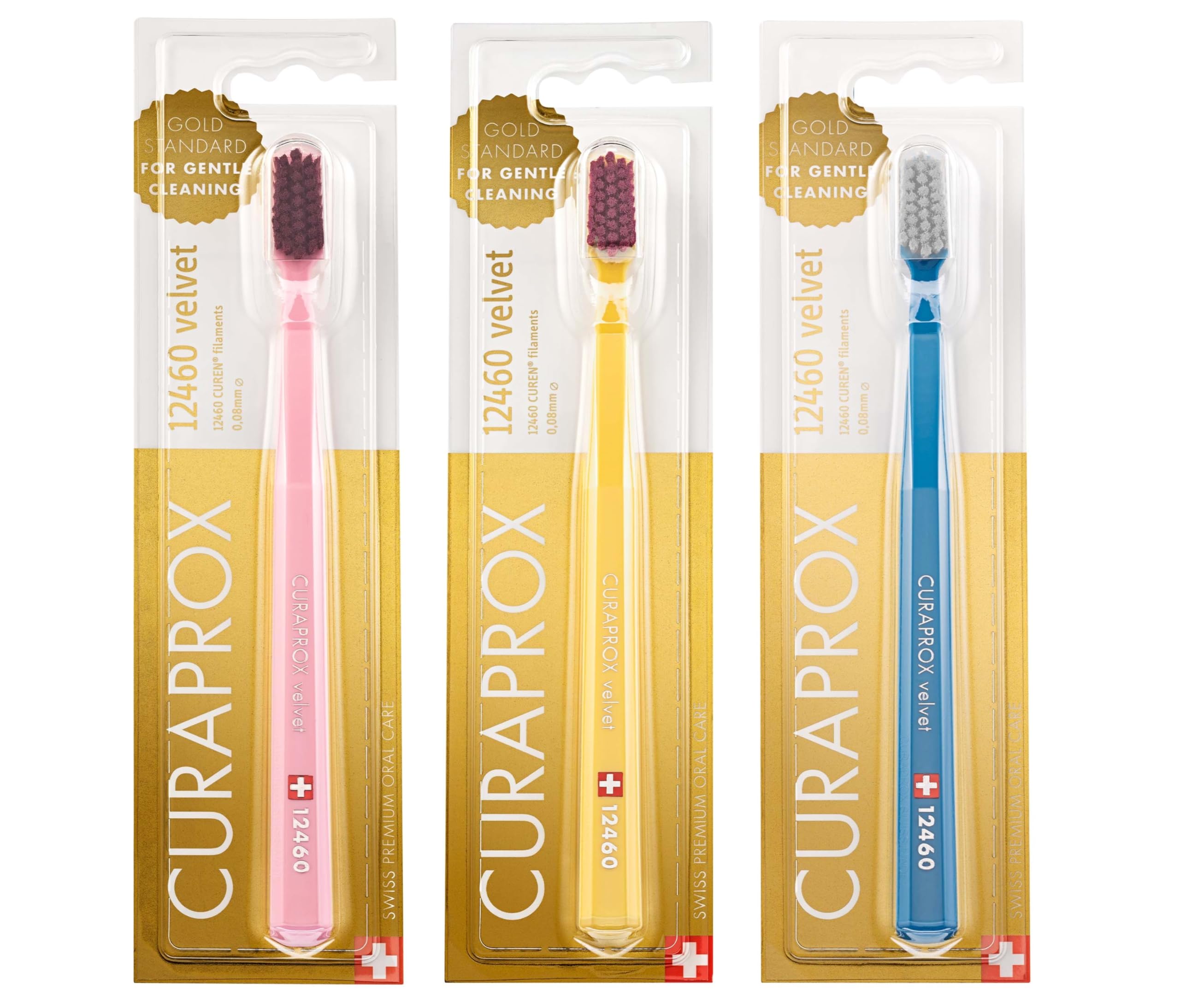 CuraproxCS12460 Velvet Ultra Soft Swiss Toothbrushes - 3-Pack - Random Color - Best Toothbrush with Soft Bristles for Adult Men and Women with Sensitive Teeth and Gums