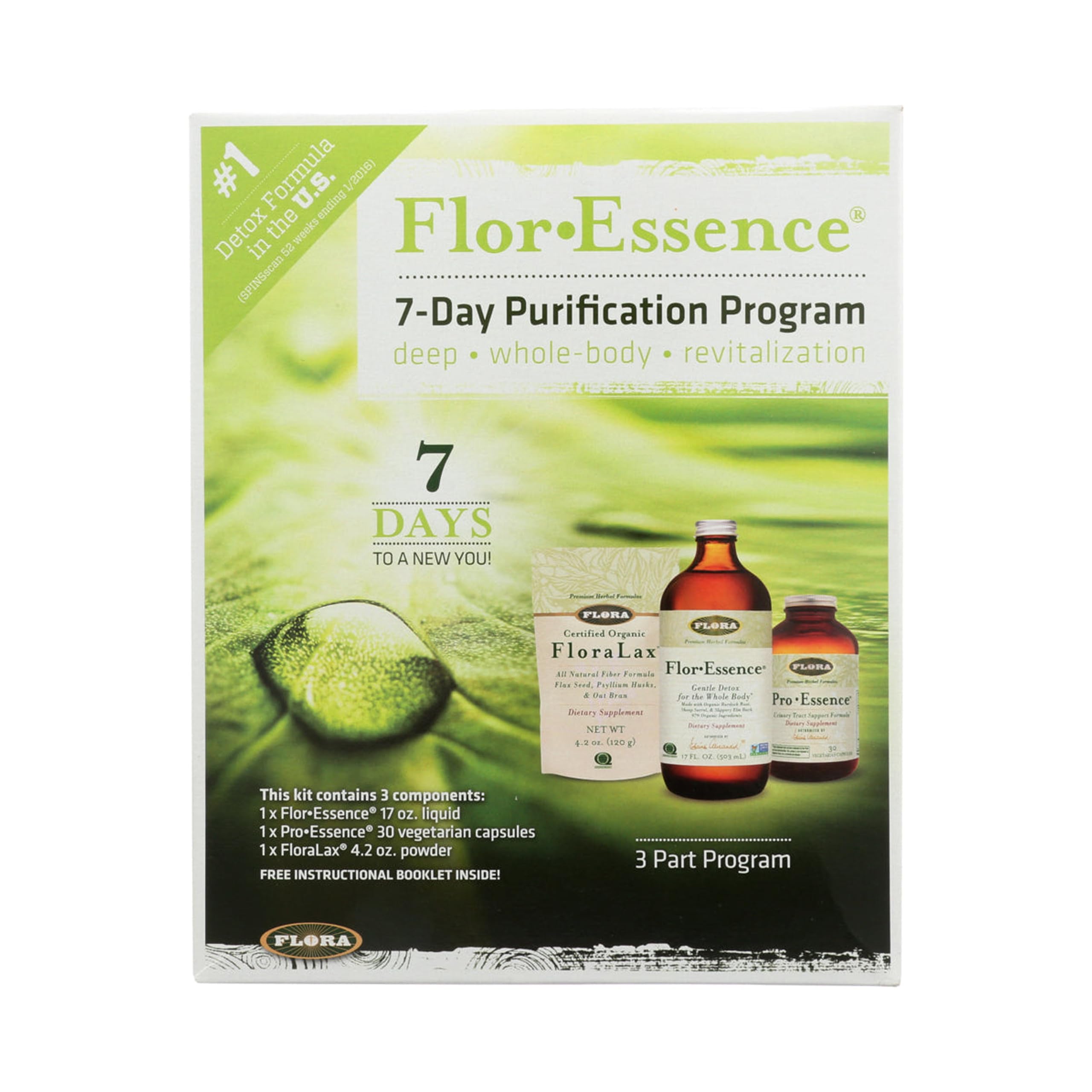 Flor-Essence 7-Day, 3-Step Kit for Full Body Detox & Cleanse, Detox Kit Contains Detox Tea, ProEssence for Urinary Health and FloraLax Laxative, Plant-Based, Gluten Free, Non GMO