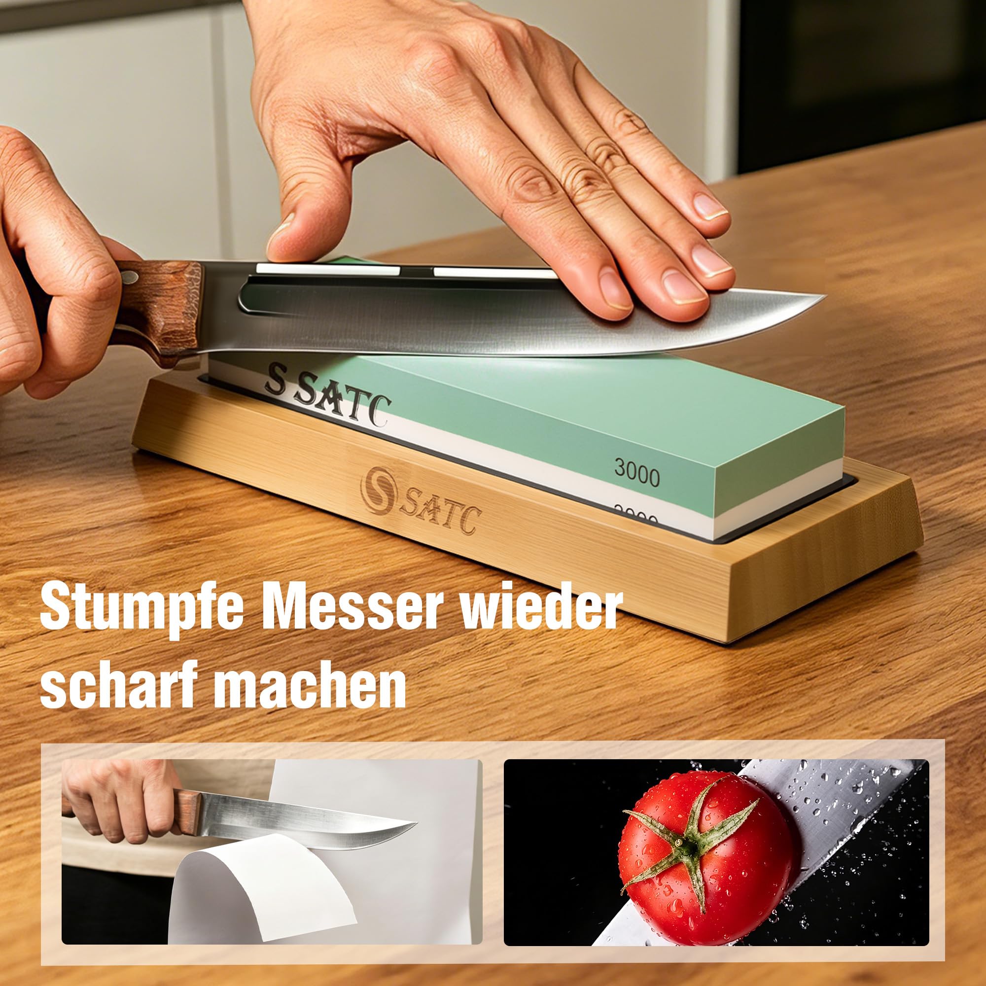 Schleifstein Set 400/1000/3000/8000 Körnung - Hochwertig Wetzstein Messerschärfer mit Bambusständer & Abziehleder – für Küchen & Taschenmesser