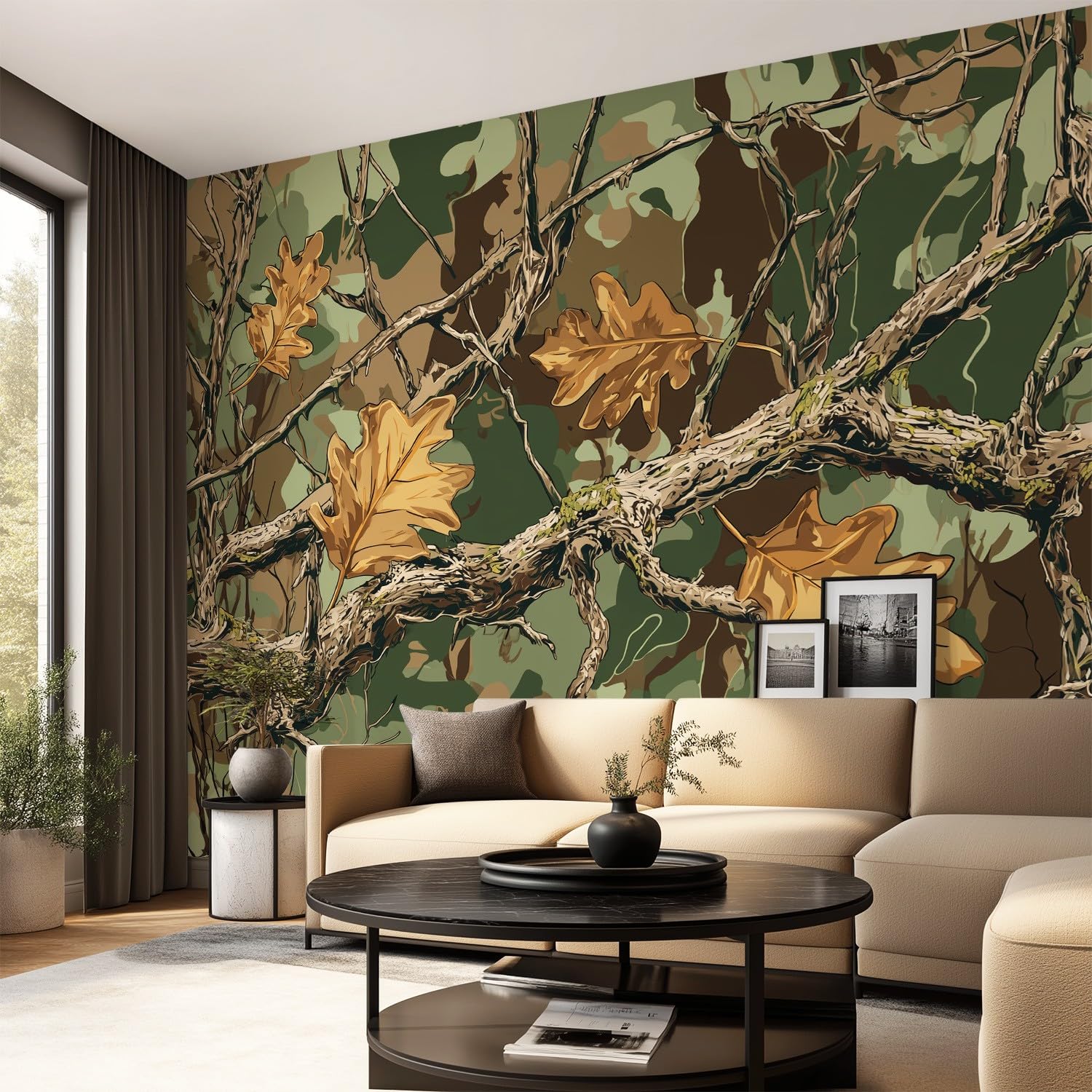Tapeta 3D retro roślina 274 x 254 cm, mural ścienny, liście dębu, kamuflaż, tapeta do sypialni, przedszkola, malowniczego ogrodu, wisząca
