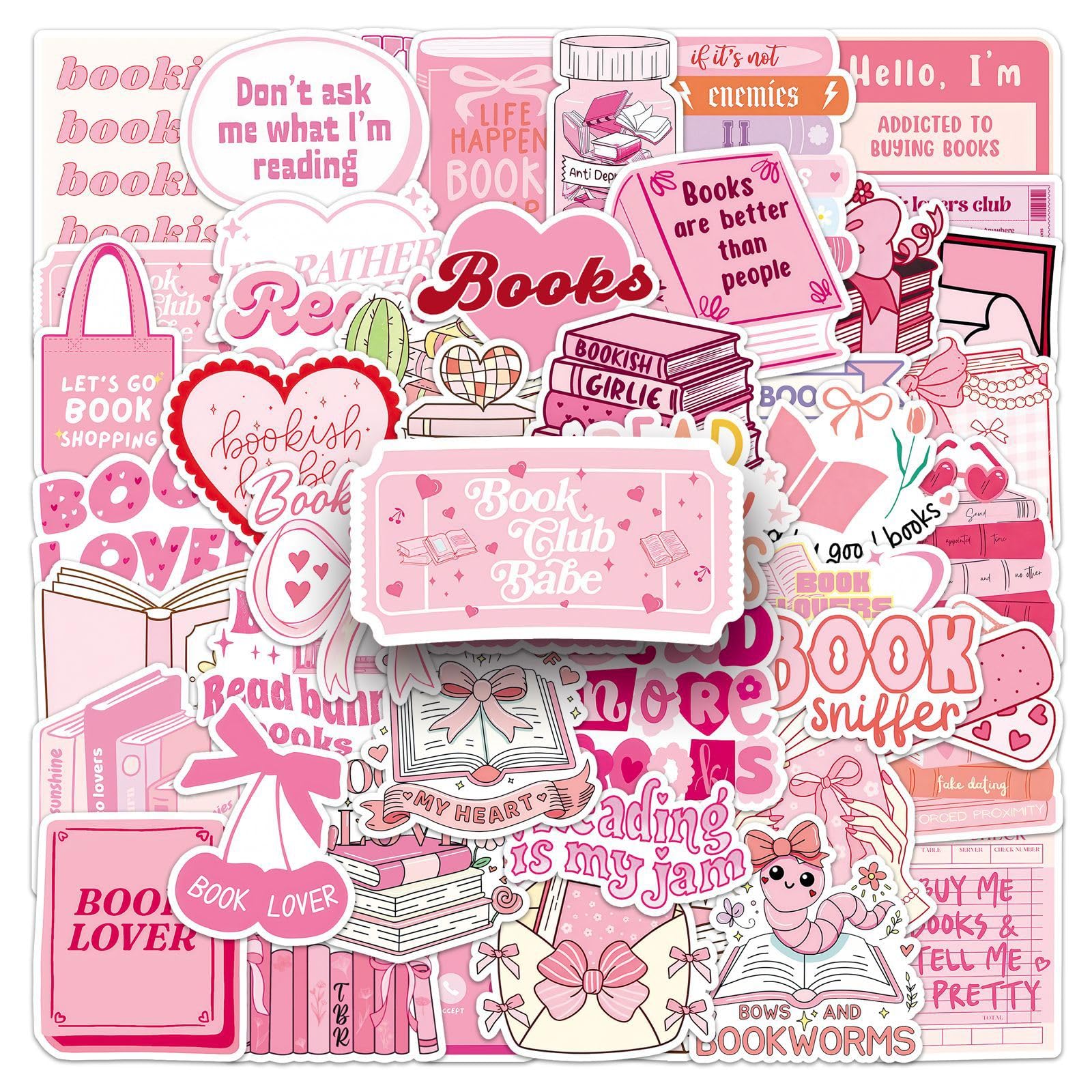 50 adesivi rosa per amanti dei libri, impermeabili, in vinile, per laptop, skateboard, custodia del telefono, bagagli, decorazione estetica per adolescenti, adulti, ragazzi, ragazze