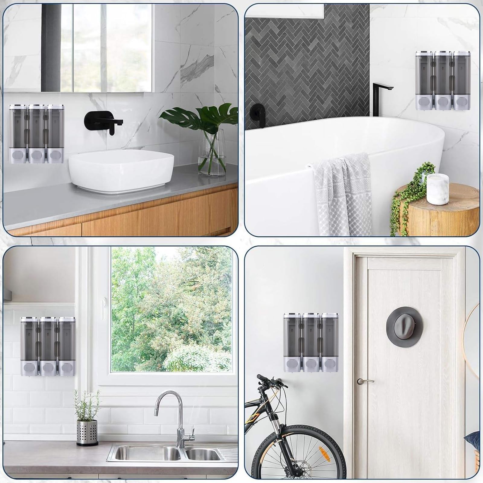 SOONHUA Shampoo and Conditioner Dispenser, Shower Soap Dispenser with 3-Chamber, No Drill Shampoo Shower Gel Dispenser Lotion Container with Lockable Top Lid for Bathroom