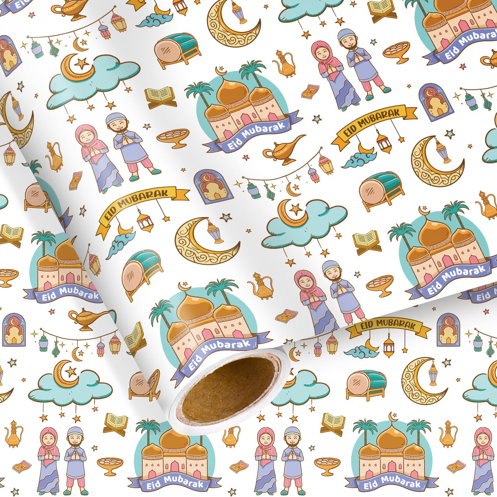 Eid Mubarak Wrapping Paper Roll Ramadan Gift Wrap Paper with Mosque Moon Eid Mubarak Design for Islamic Holiday Party, Celebration, Baby Shower, Birthday, DIY Crafts, 17 Inch x 16.4 Feet
