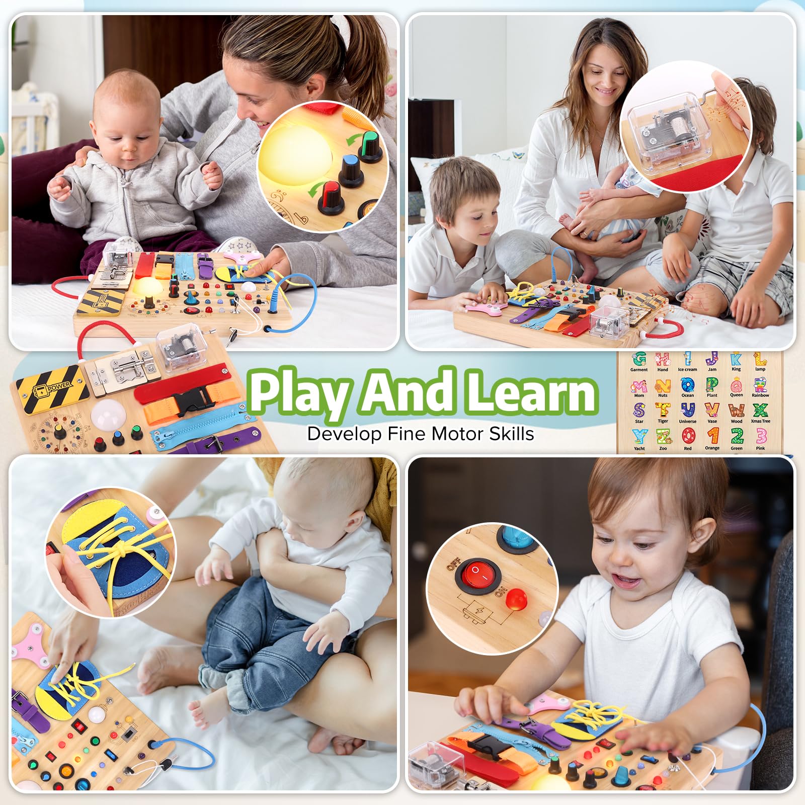 Hoarosall 23 in 1 Busy Board Montessori Toys from 1 year Activity Board Wooden Toy With 15 Switches, 26 LED Lights - Image 3