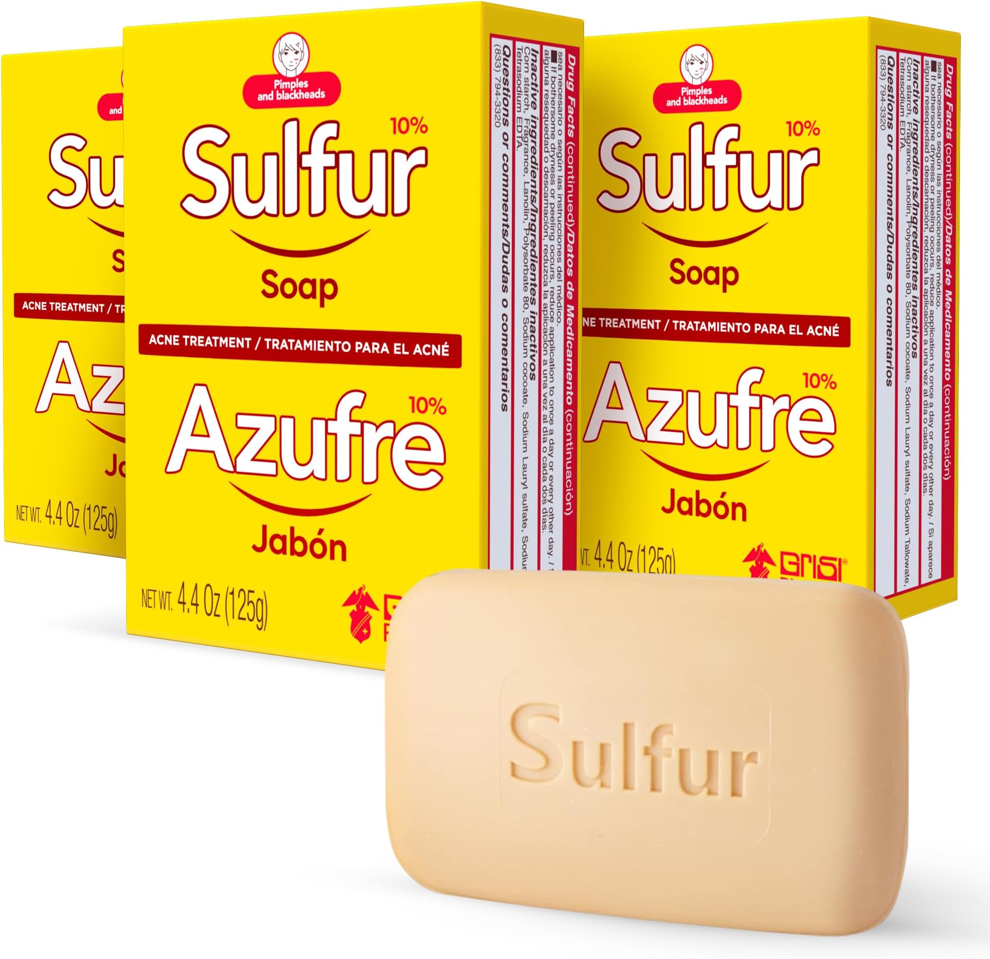 Biosulfur Grisi Sulfur Soap, Acne Treatment, Cleaner Bar Soap, Helps you Reduce Oil Excess and Acne Pimples, Keeps Pores Cleaner, Sulfur 10%, 3-Pack of 4.4 Oz, Bar Soaps, yellow