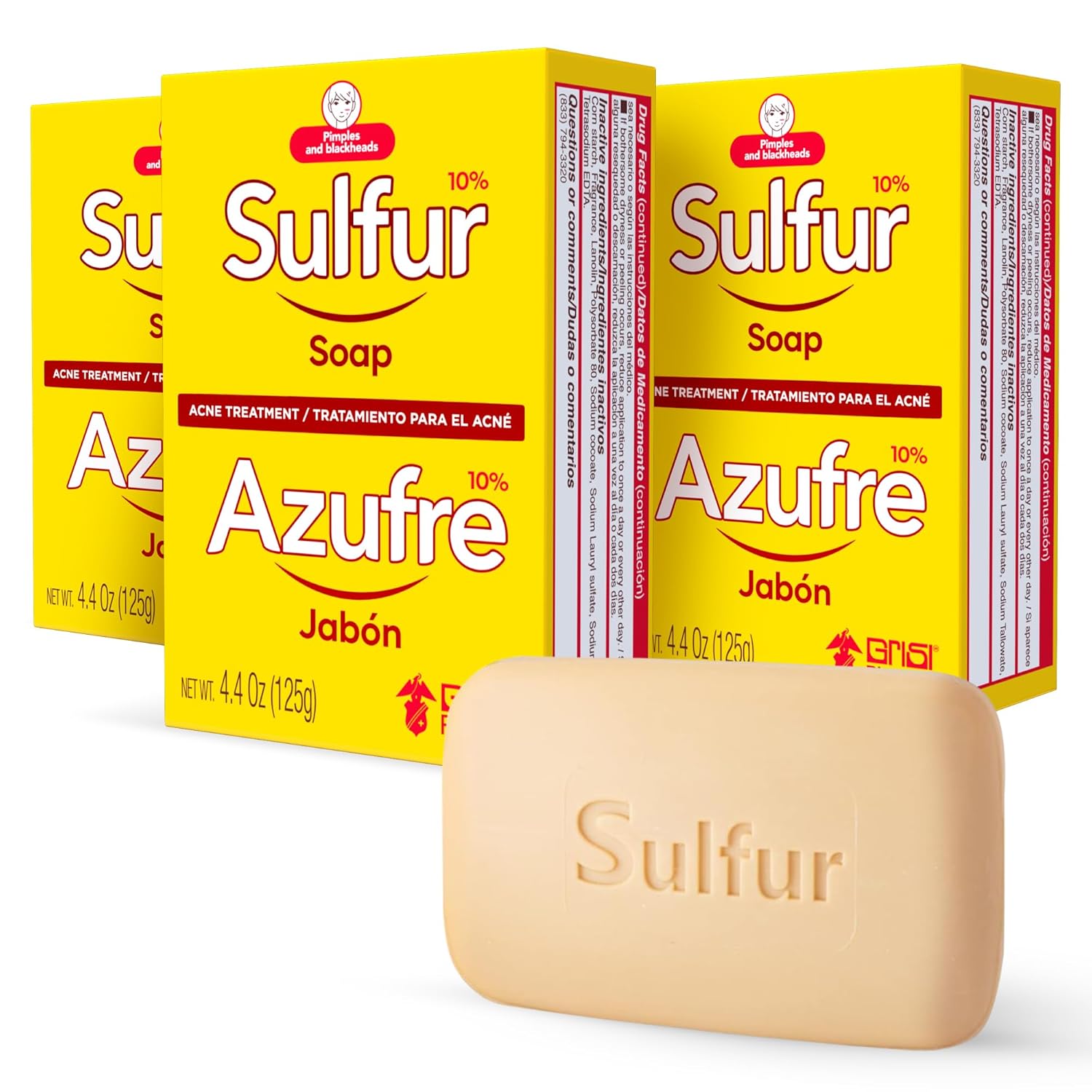 Biosulfur Grisi Acne Treatment Soap Deep Cleansing Acne-Fighting Reduces Inflammation Prevents Breakouts Blackheads Excess Oil Sulfur Soap Bar