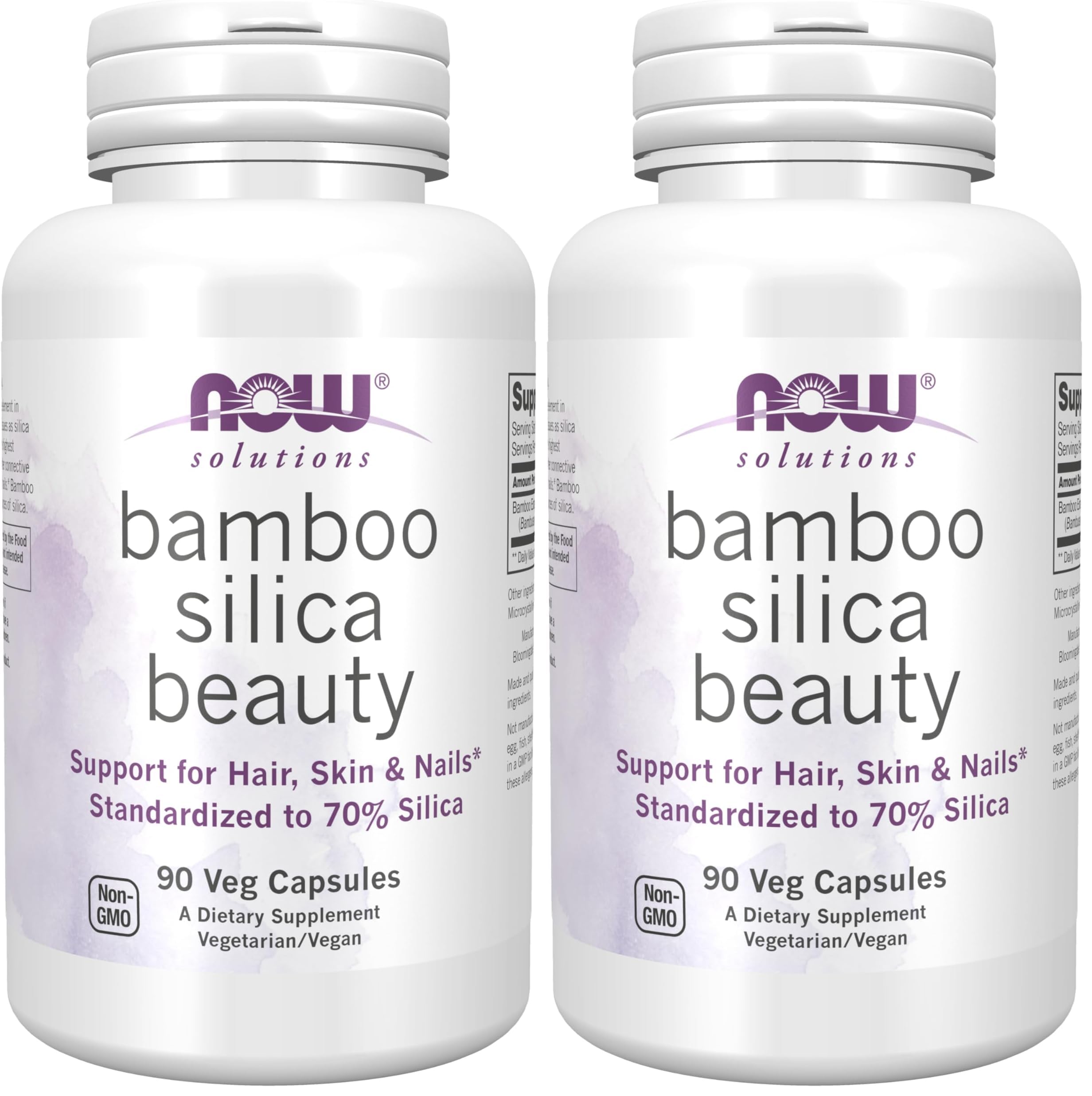 NOW Foods Solutions,Bamboo Silica Beauty,Support for Hair,Skin & Nails,Standardized to 70% Silica,90 Veg Capsules,(Pack of 2) 90 Count (Pack of 2)