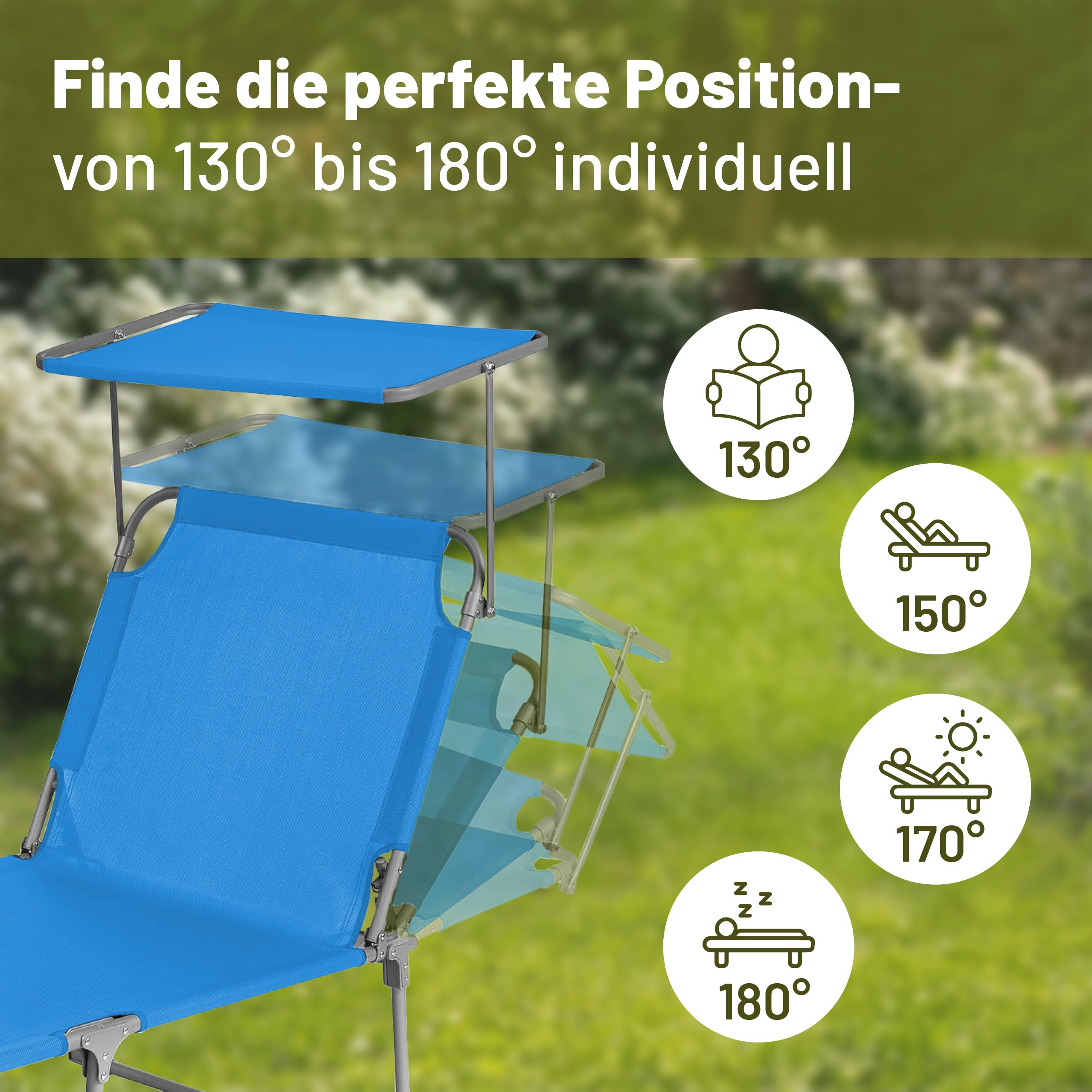VCM Sonnenliege klappbar 185x24x55 cm Gartenliege faltbar Liegestuhl mit verstellbarem Sonnendach Blau