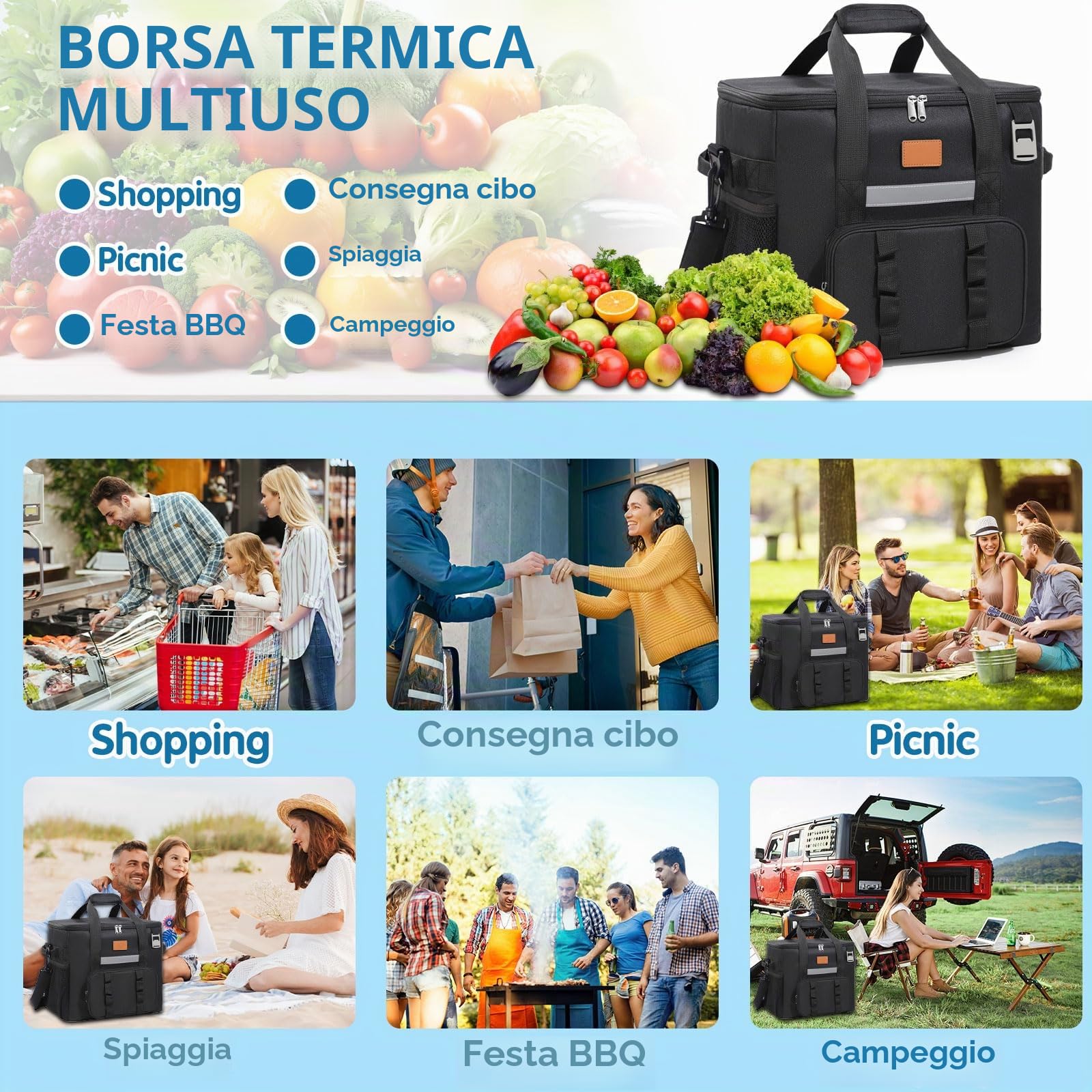 Borsa Termica Porta Pranzo 40L, Borsa Frigo Grande con Tracolla Regolabile, Tasche Multiple e Apribottiglie per Picnic Campeggio Ufficio (Nero)