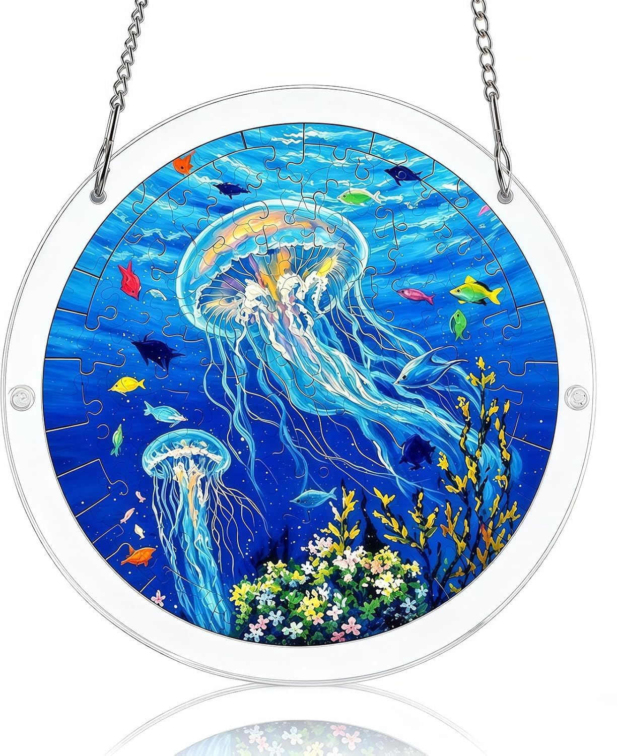 Jellyfish Ocean Acrylic Jigsaw Puzzles Suncatcher, 8.9 Inch Window Hanging Suncatcher Acrylic Puzzle, DIY Home Decor Art Gift