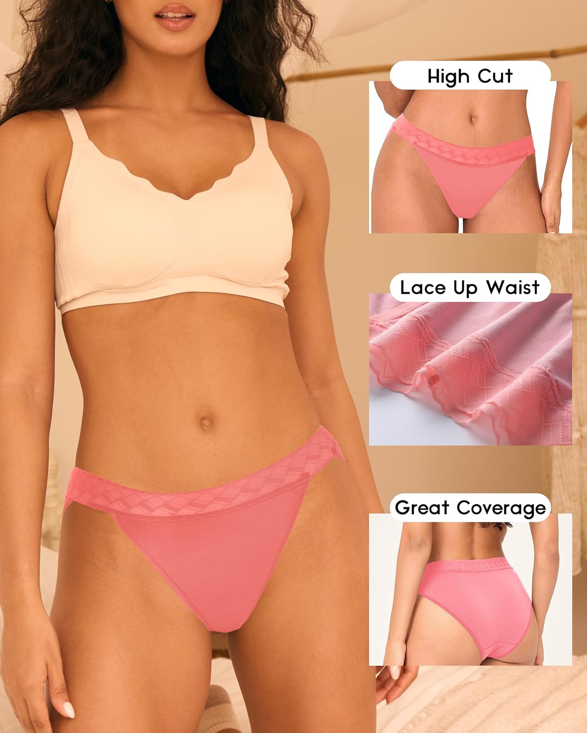 BAMBOO COOL Women's Bikini High Cut Lace Underwear for Women Breathable Moisture-Wicking Ladies Panties, 6-Pack - Image 2