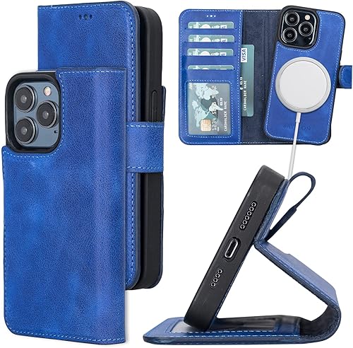 Bayelon Funda para iPhone 13 Pro Max, funda de cuero de grano completo, 2 en 1, funda magnética desmontable con ranuras para tarjetas, soporte y