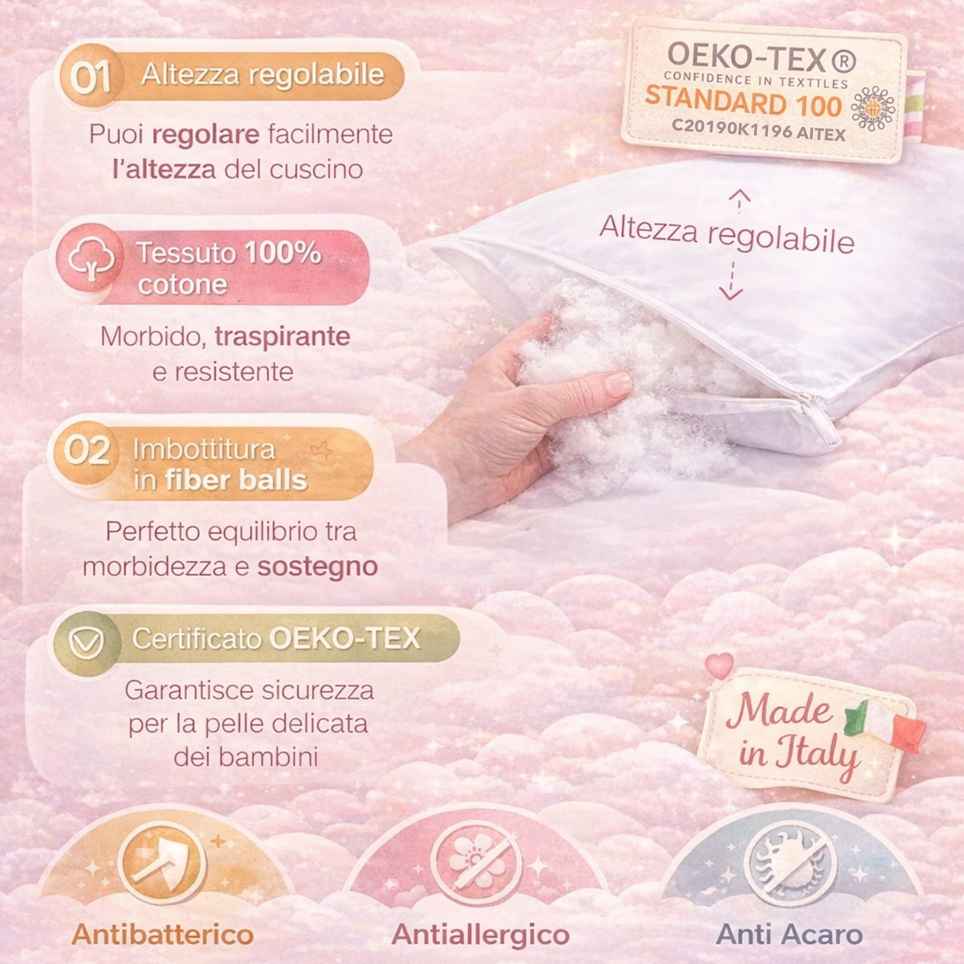 The Double Twenty Cuscino Lettino Bambino 40x60 Regolabile, Morbido e Traspirante, Anallergico e Antiacaro, Federa in Cotone Percalle Certificato OEKO-TEX, Lavabile, 2-6 Anni, Made in Italy