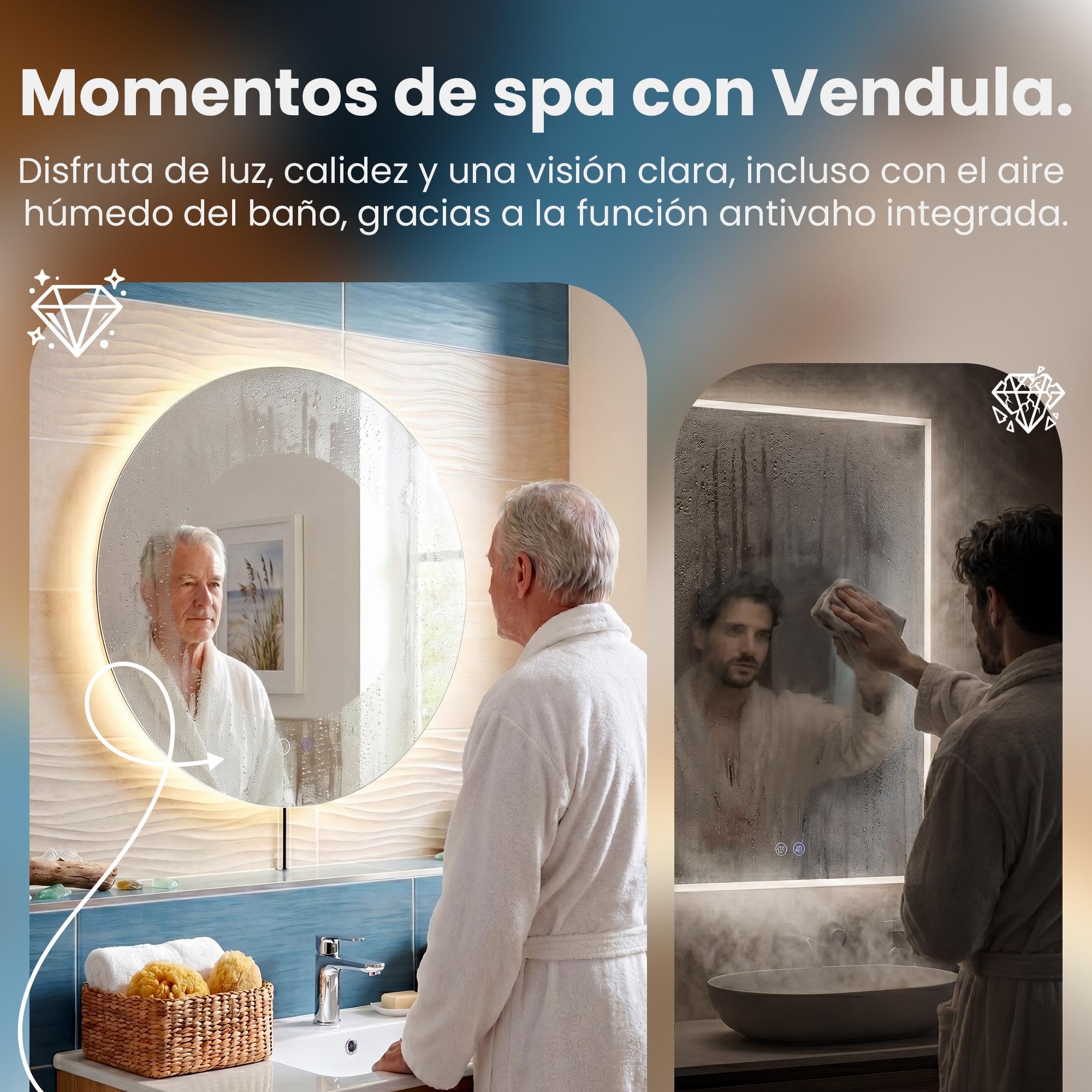 CLP Espejo de Bano Redondo con luz LED, Espejo de Pared para Bano con dimmer tactil, 3 Tonos de luz, antivaho, sin Marco Vendula, Tamaño:Ø 60