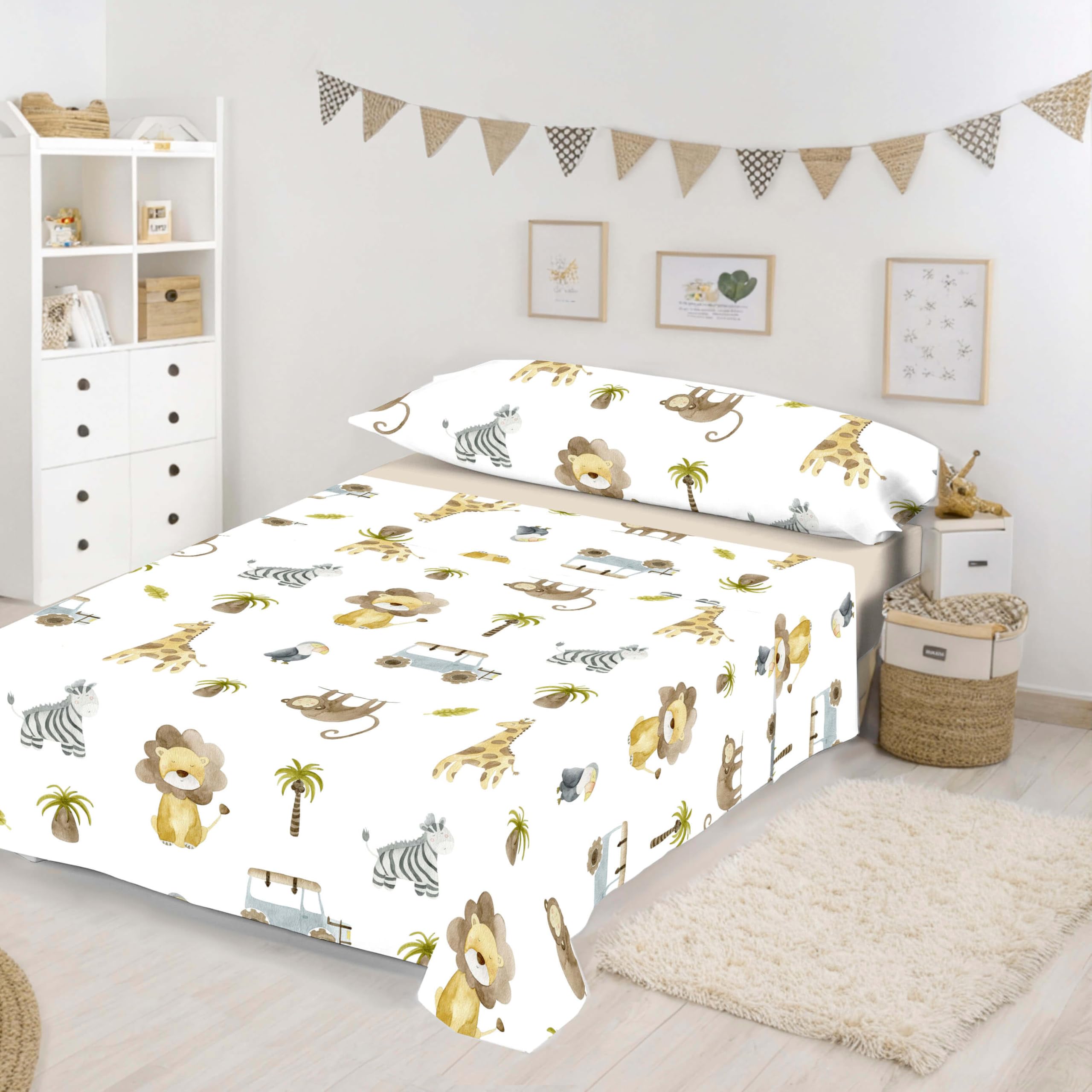 NATURALS CoolKids - Juego de Sábanas Infantil Serengeti (3 Piezas) - Cama 105 (180x270 cm) - 100% Algodón Suave y Transpirable - Fabricado en España