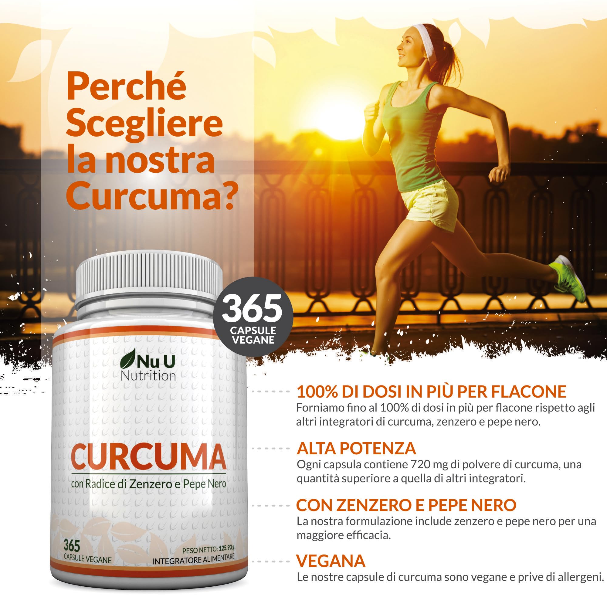 Curcuma 1520mg con Zenzero e Pepe Nero - 365 Capsule Vegane - Alto Dosaggio di Curcumina in Polvere - 95% di Curcuminoidi - Prodotto in Europa - Nu U Nutrition
