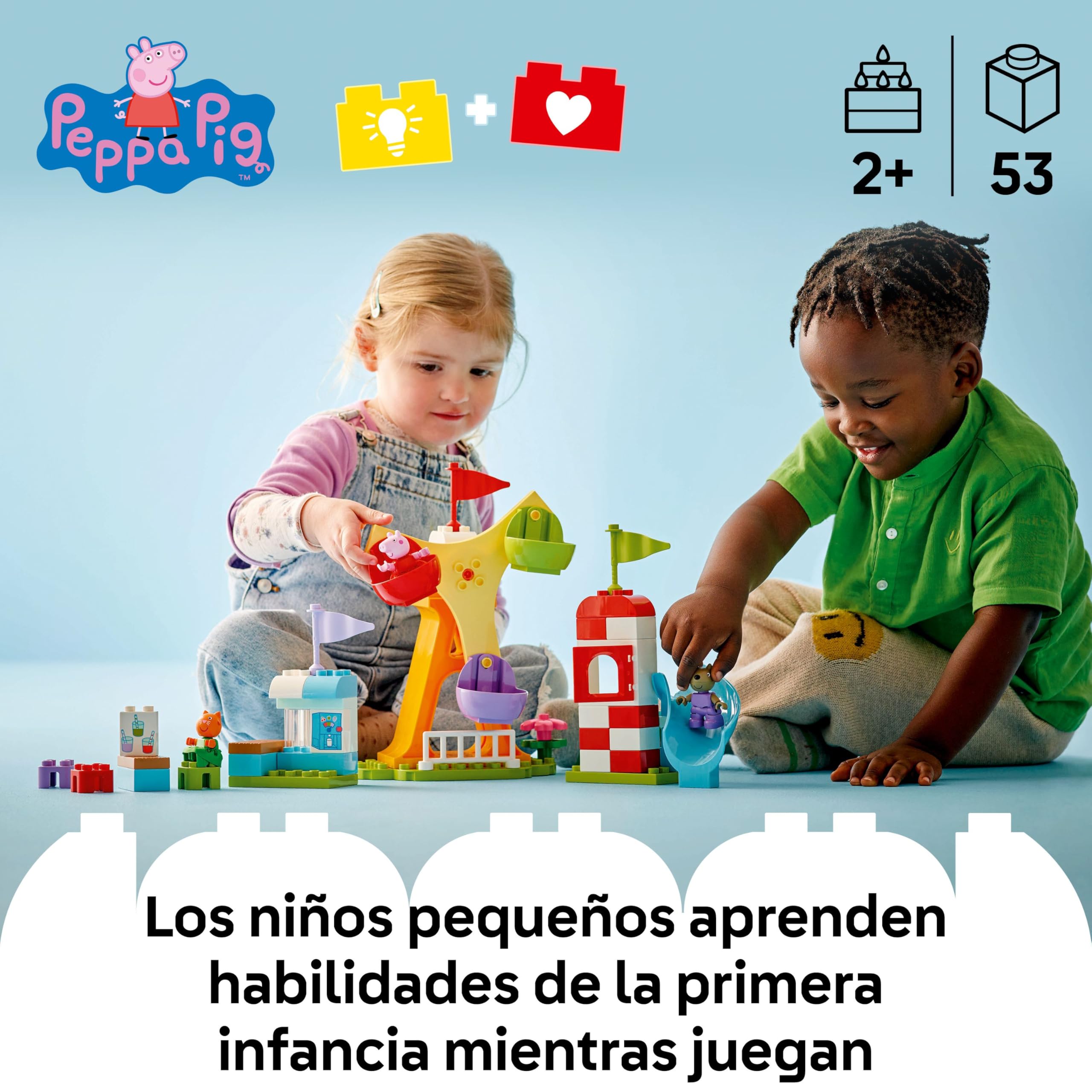 LEGO Duplo Peppa Pig Feria - Juegos para la Motricidad Fina para Niñas y Niños de 2+ Años - Parque de Atracciones con Noria y Tobogán de Juguete y 3 Figuras Inc. Danny Dog y Candy Cat 10453